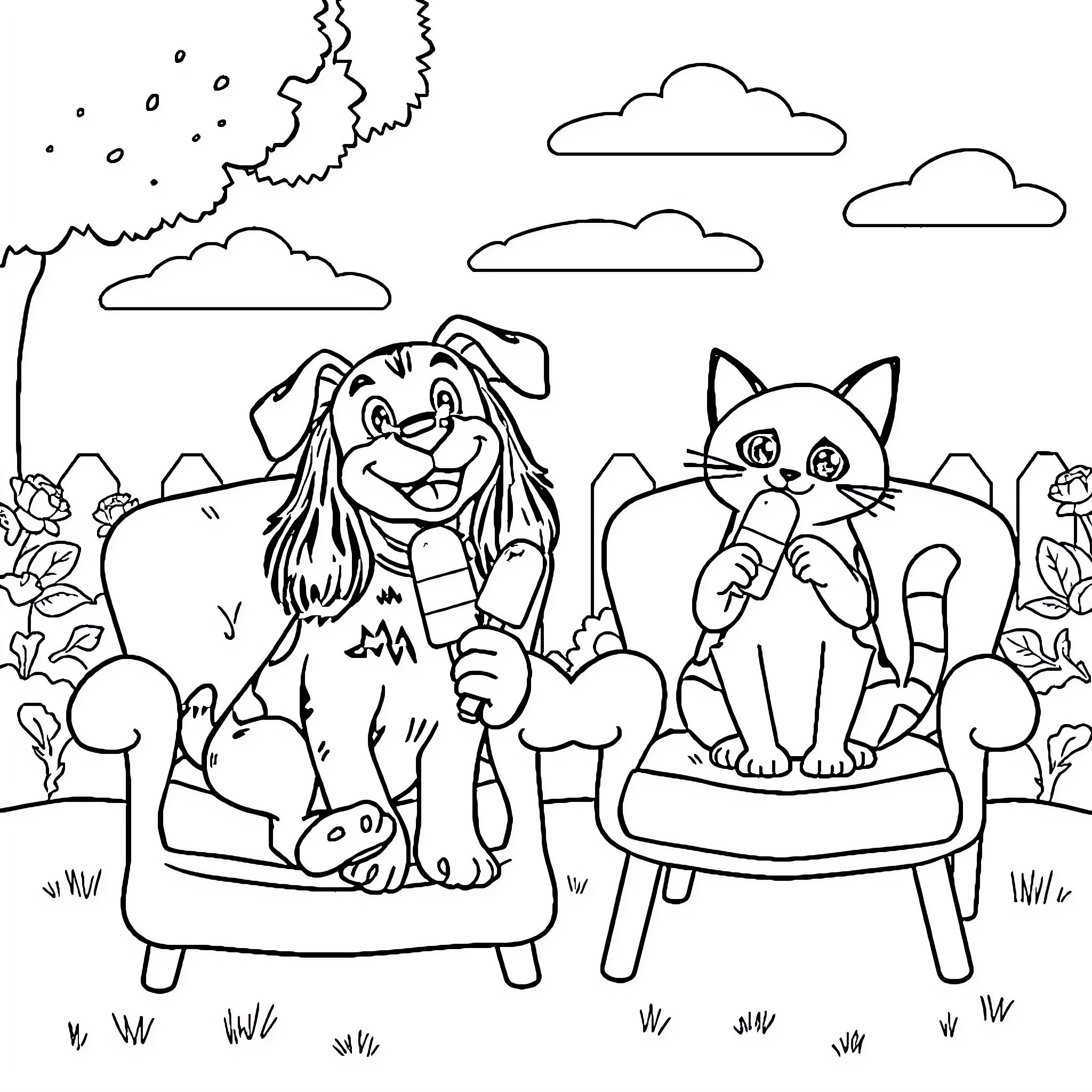 Bingo: Pets enjoying a cozy outdoor scene Coloring Page (free black-and-white line drawing printable PDF for all, from beginners to advanced learners, including children, teens, adults, and seniors)