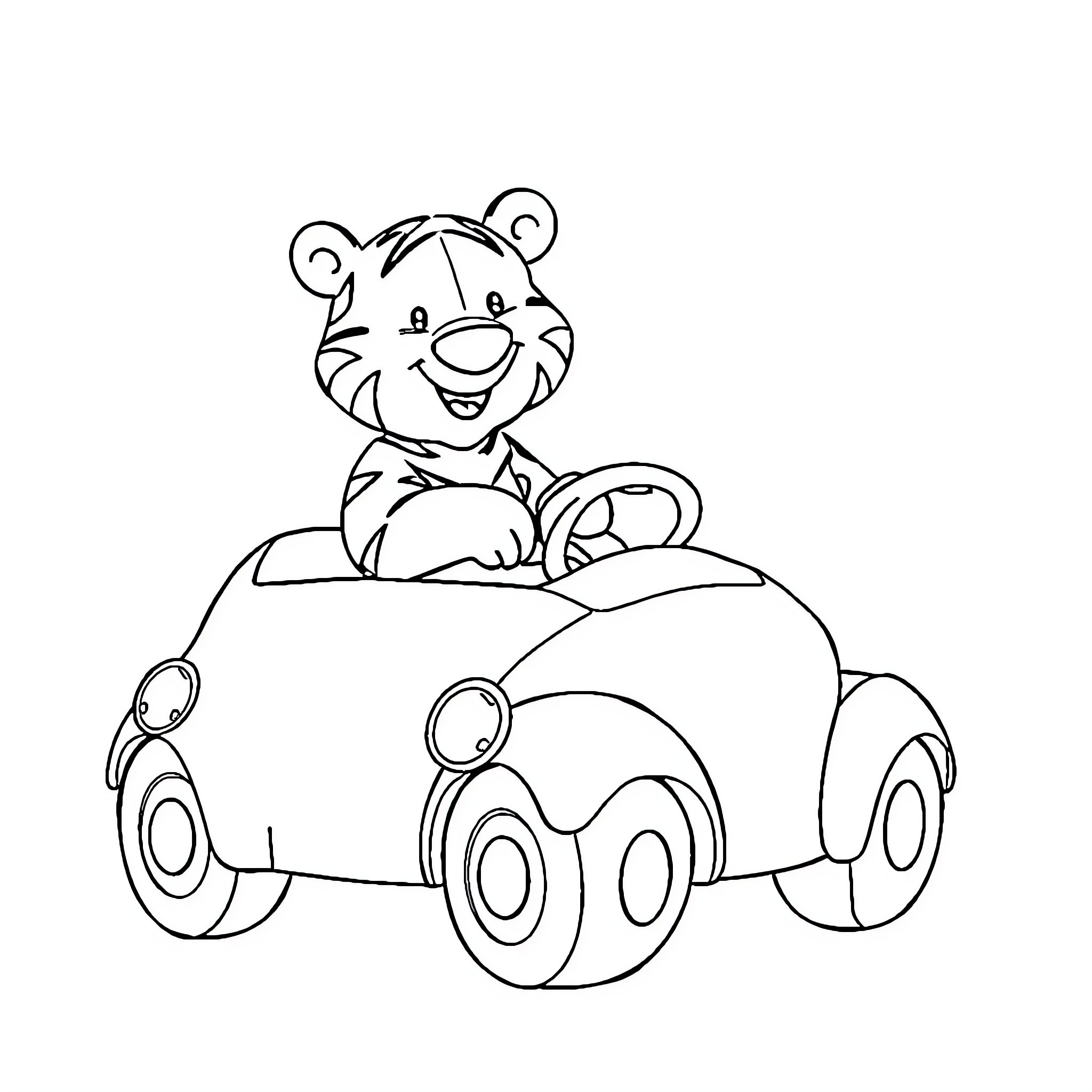 Baby Tiger Driving Playful Car Coloring Page (free black-and-white line drawing printable PDF for all, from beginners to advanced learners, including children, teens, adults, and seniors)