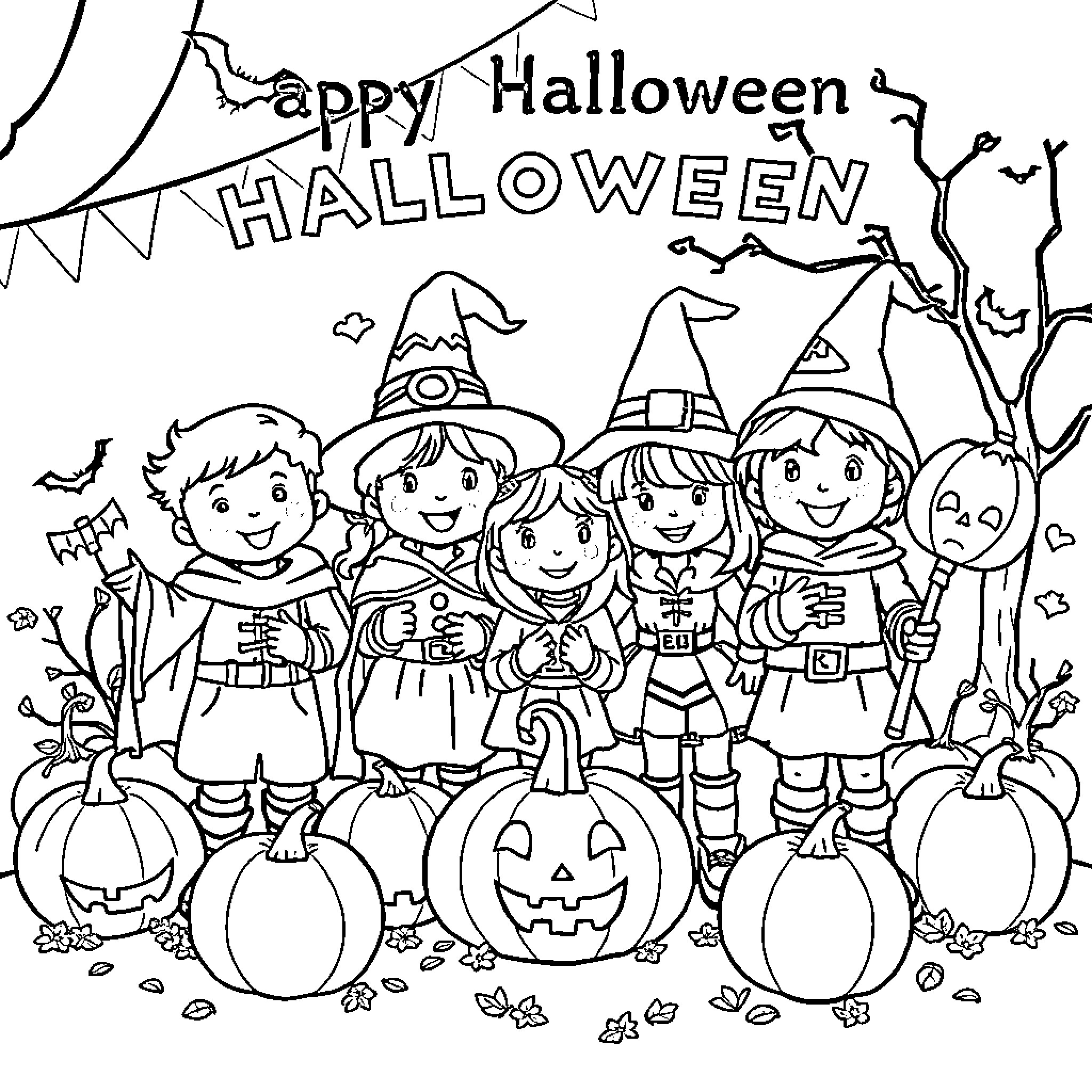 Kid Trick-or-Treating in Halloween Costumes Coloring Page (free black-and-white line drawing printable PDF for all, from beginners to advanced learners, including children, teens, adults, and seniors)