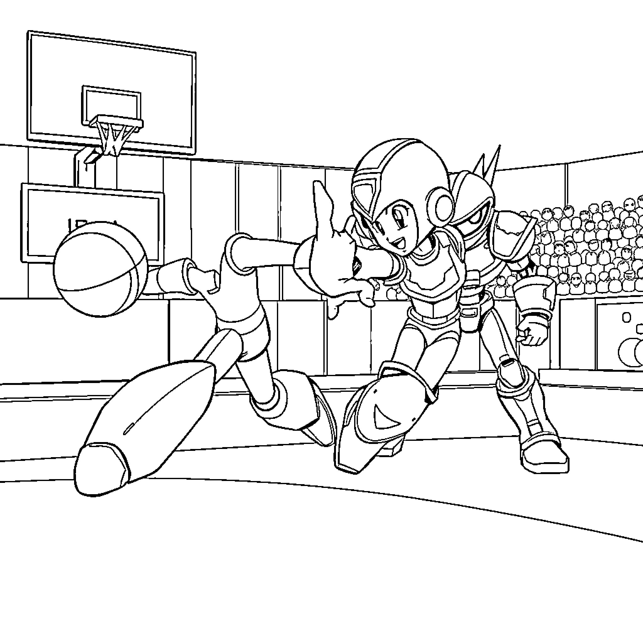 Megaman playing basketball competitively with another robot character Coloring Page (free black-and-white line drawing printable PDF for all, from beginners to advanced learners, including children, teens, adults, and seniors)