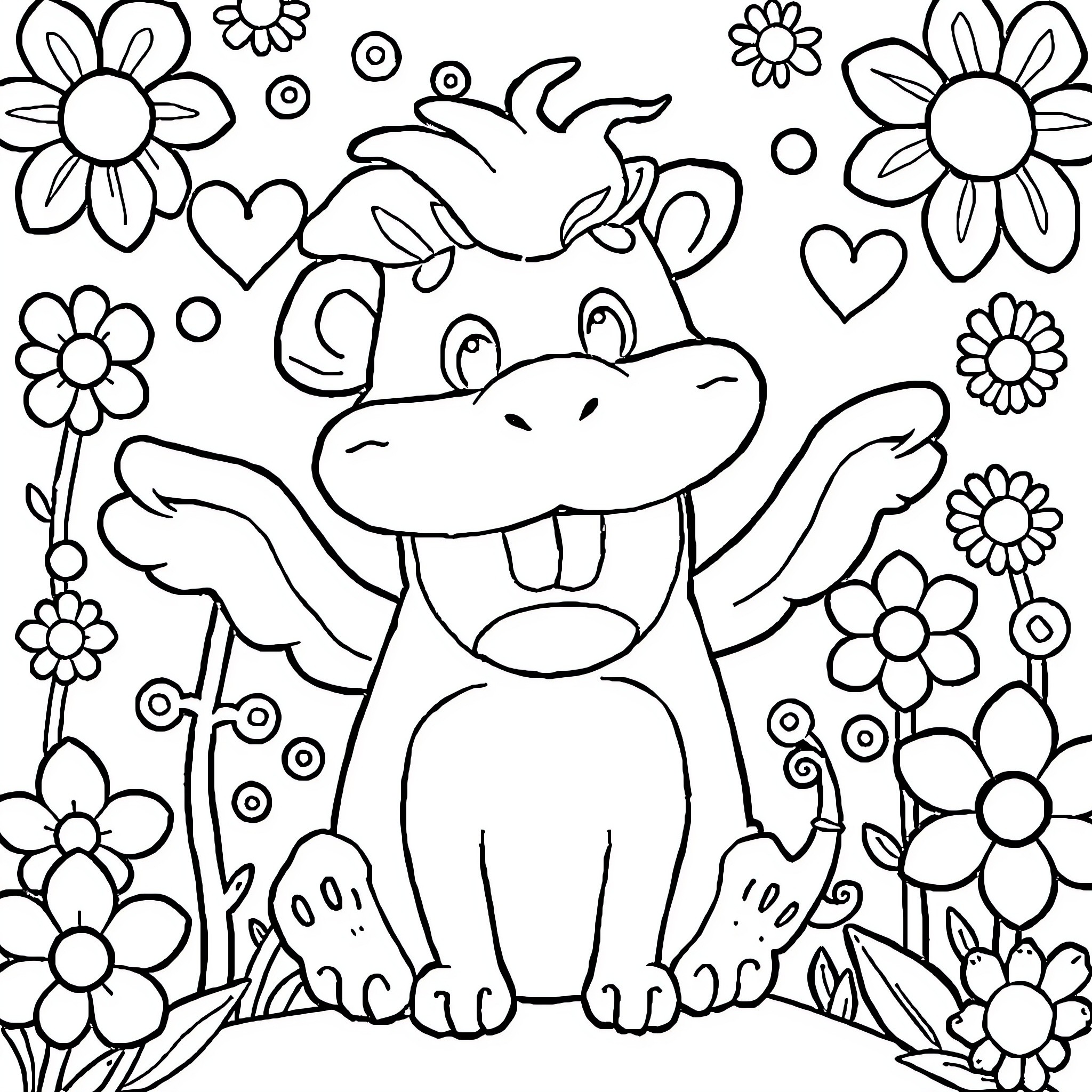 Drawing of a happy cartoon hippo surrounded by flowers Coloring Page (free black-and-white line drawing printable PDF for all, from beginners to advanced learners, including children, teens, adults, and seniors)