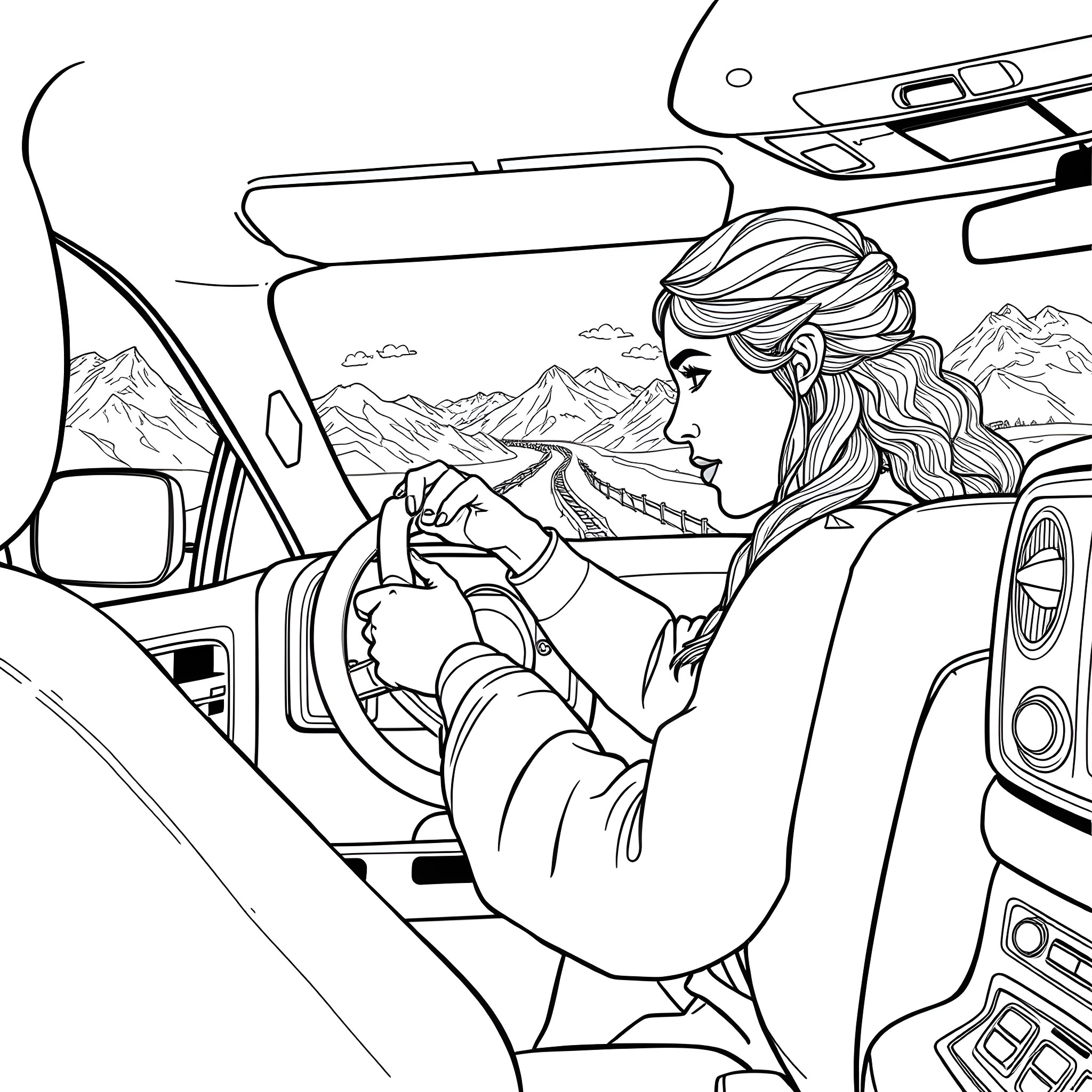 Emilia Clarke driving through mountain landscape Coloring Page (free black-and-white line drawing printable PDF for all, from beginners to advanced learners, including children, teens, adults, and seniors)