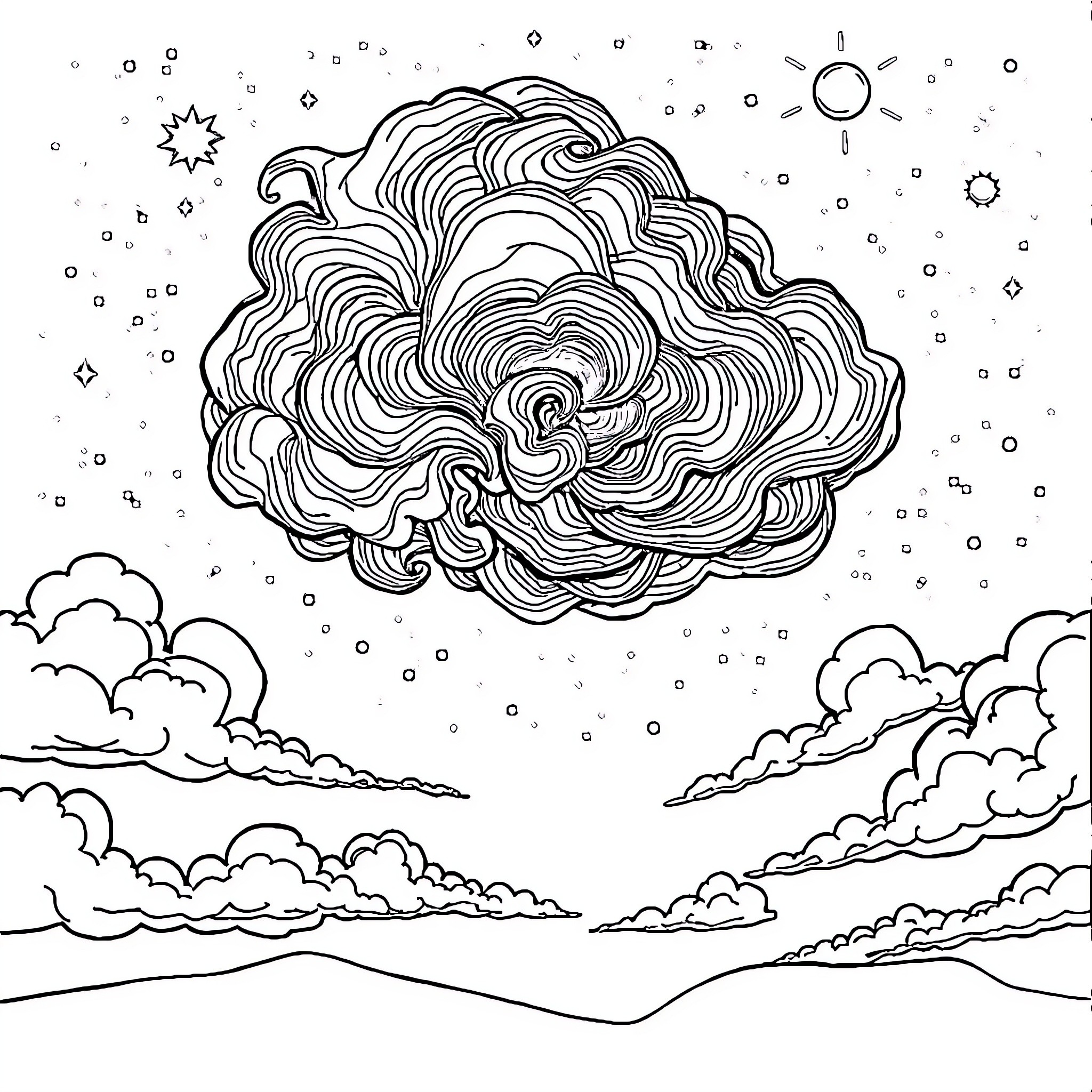 Motif of Swirling Clouds in the Sky Coloring Page (free black-and-white line drawing printable PDF for all, from beginners to advanced learners, including children, teens, adults, and seniors)