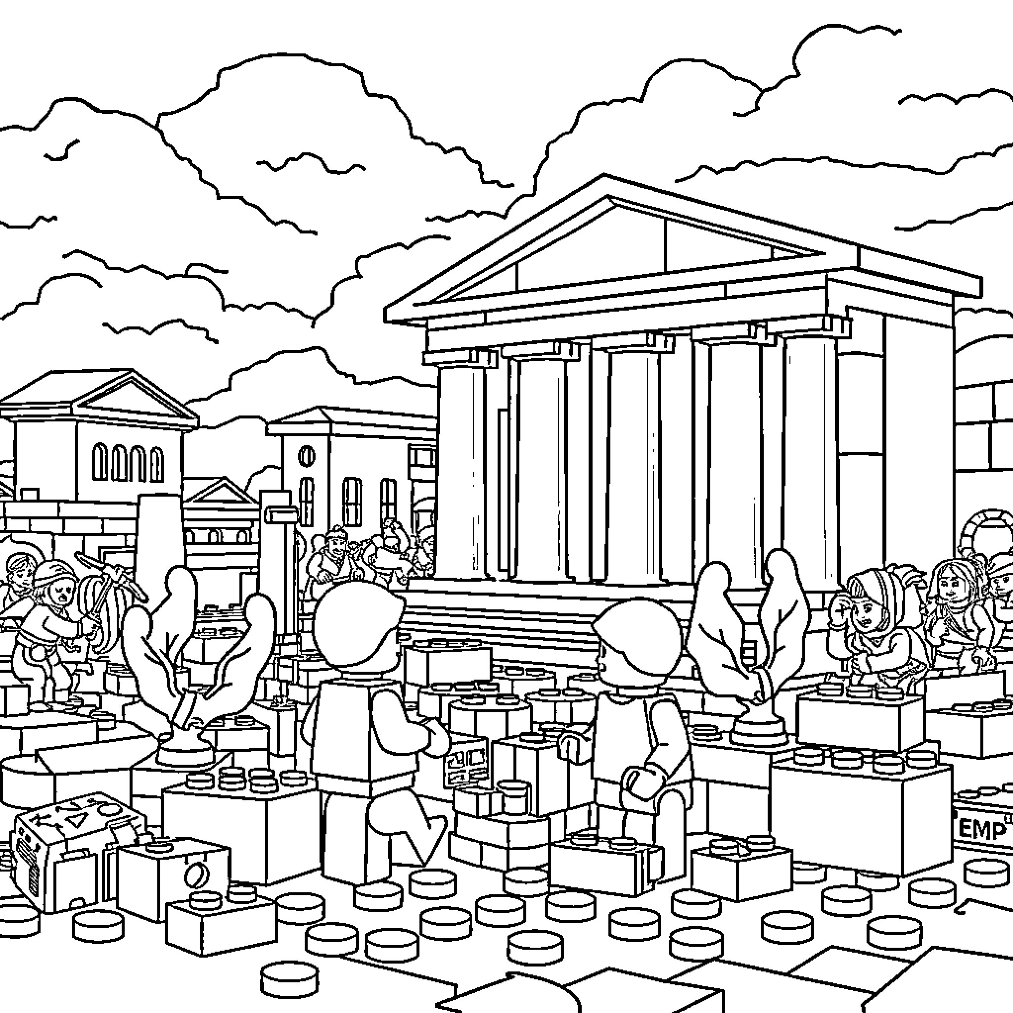 Lego figures exploring ancient Greek architecture Coloring Page (free black-and-white line drawing printable PDF for all, from beginners to advanced learners, including children, teens, adults, and seniors)