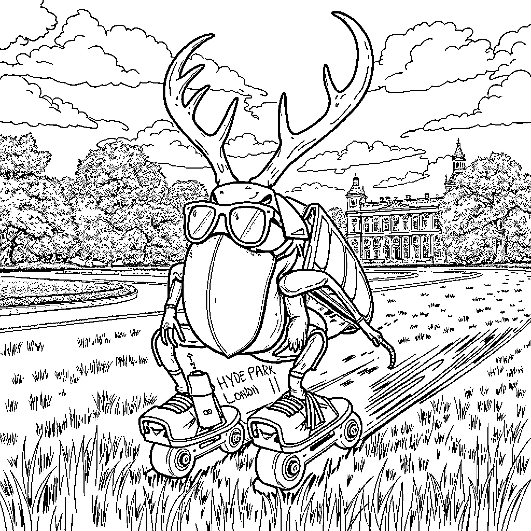 Stag Beetle on roller skates in the park Coloring Page (free black-and-white line drawing printable PDF for all, from beginners to advanced learners, including children, teens, adults, and seniors)