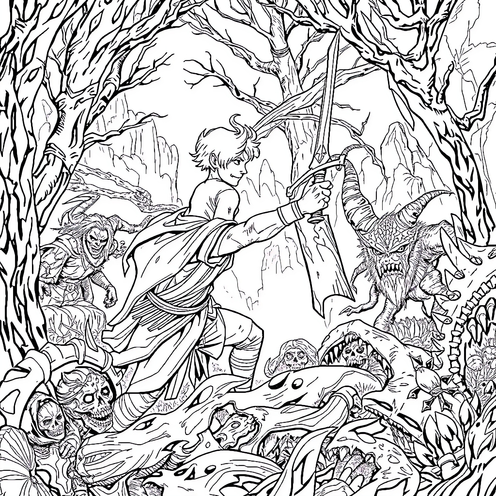 Demon Slayer Fierce Battle in Mysterious Forest Coloring Page (free black-and-white line drawing printable PDF for all, from beginners to advanced learners, including children, teens, adults, and seniors)