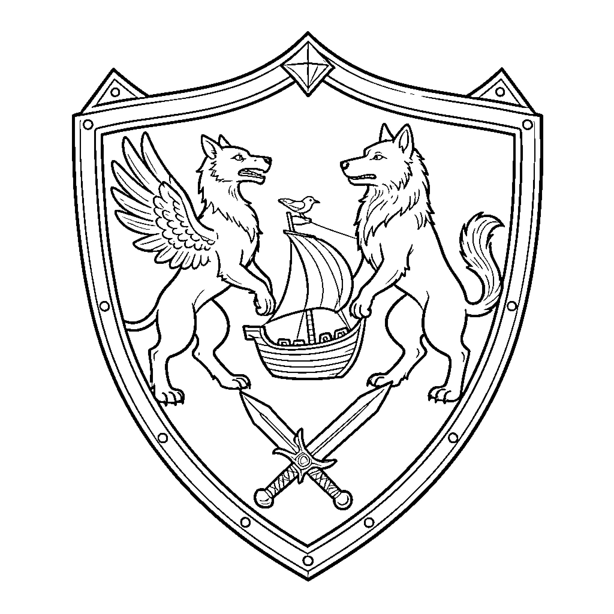 Blason with winged wolf and wolf facing a ship Coloring Page (free black-and-white line drawing printable PDF for all, from beginners to advanced learners, including children, teens, adults, and seniors)