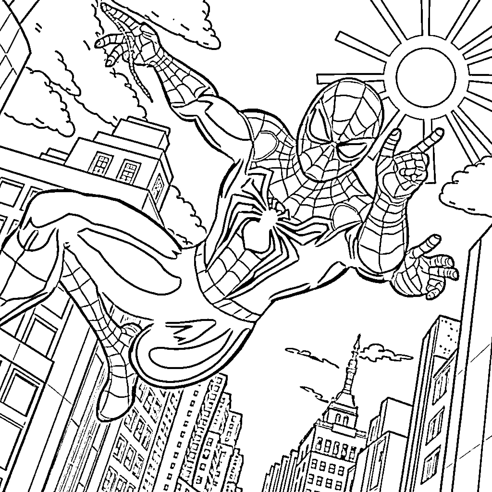 Spiderman swinging through the city skyline Coloring Page (free black-and-white line drawing printable PDF for all, from beginners to advanced learners, including children, teens, adults, and seniors)