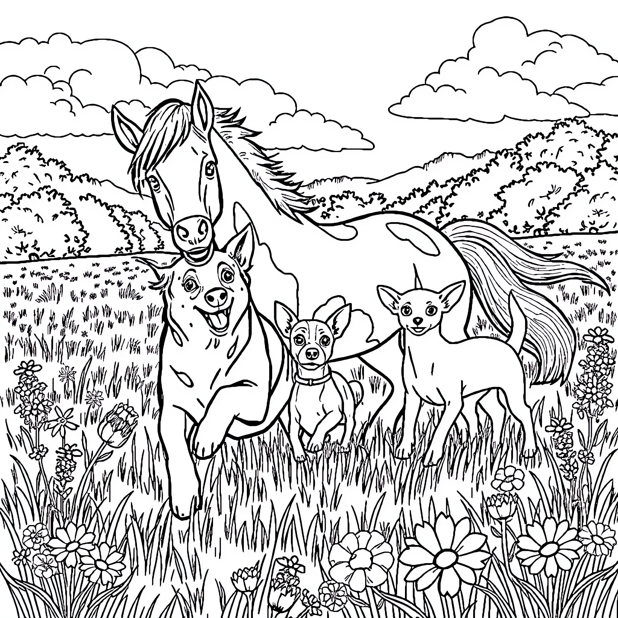 Dog and friends exploring lush meadow Coloring Page (free black-and-white line drawing printable PDF for all, from beginners to advanced learners, including children, teens, adults, and seniors)