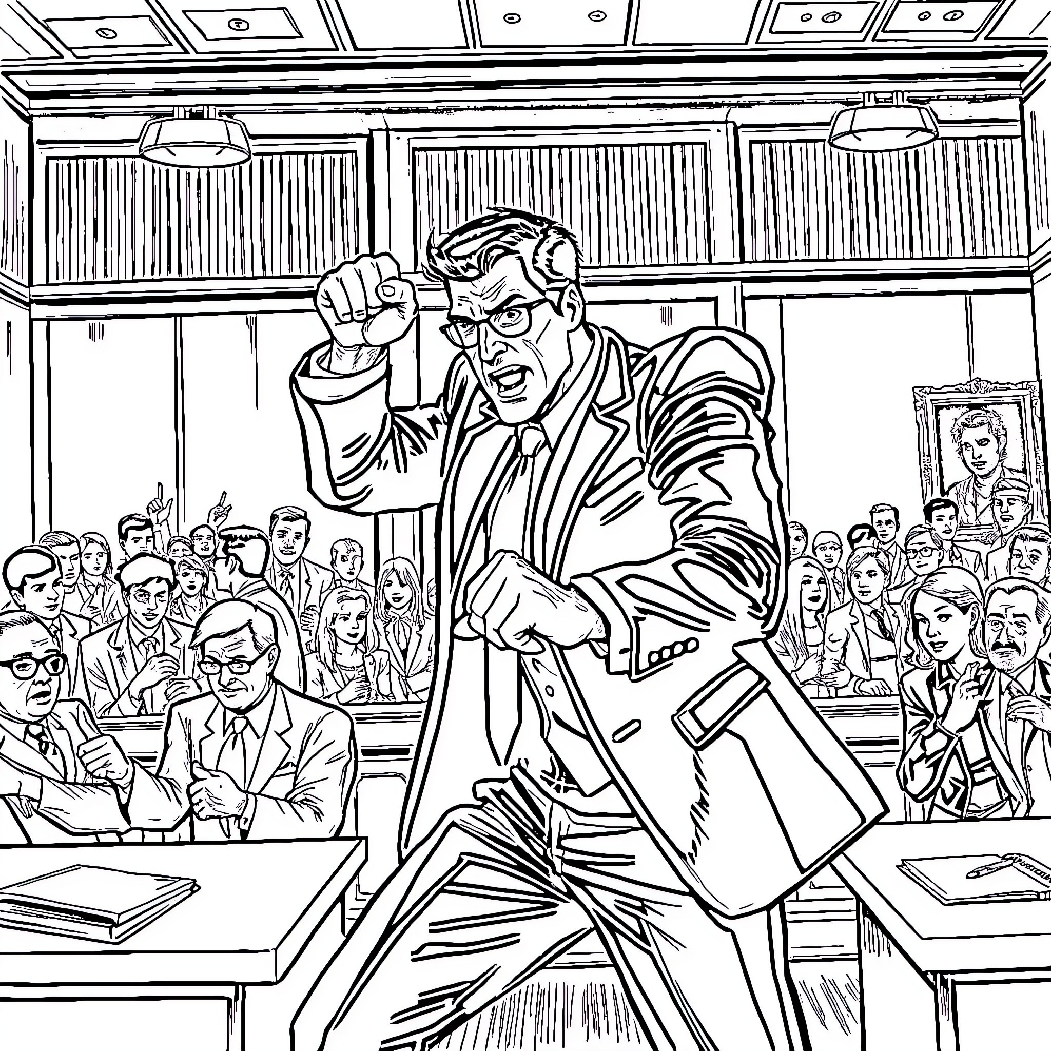District Attorney Defending Passionately in Court Coloring Page (free black-and-white line drawing printable PDF for all, from beginners to advanced learners, including children, teens, adults, and seniors)