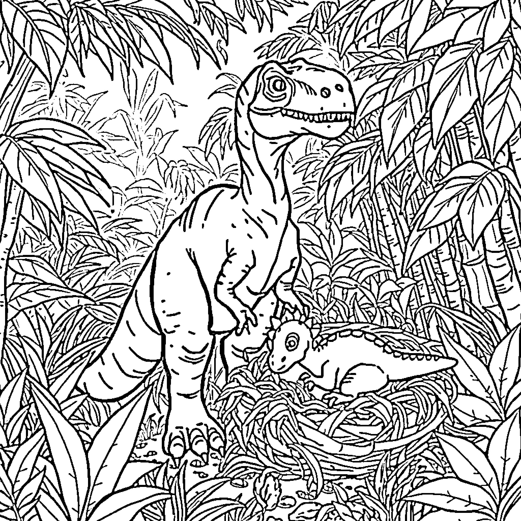 Dinosaurs in the Lush Jungle Coloring Page (free black-and-white line drawing printable PDF for all, from beginners to advanced learners, including children, teens, adults, and seniors)