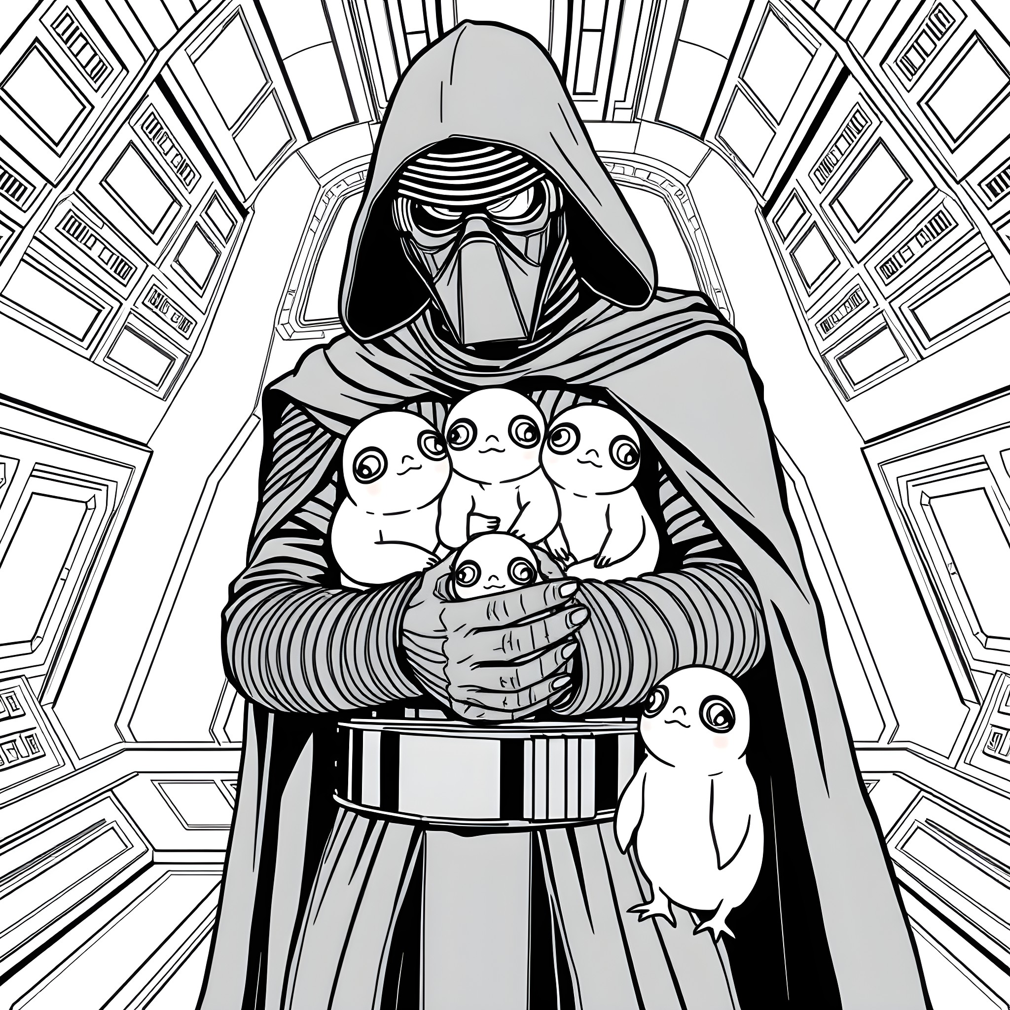 Kylo Ren Protects His Precious Cargo Coloring Page (free black-and-white line drawing printable PDF for all, from beginners to advanced learners, including children, teens, adults, and seniors)