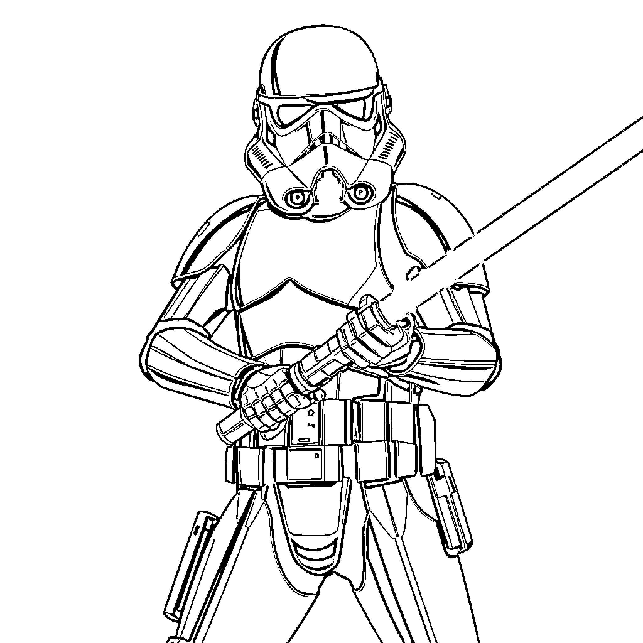 Storm Trooper in combat gear and stance Coloring Page (free black-and-white line drawing printable PDF for all, from beginners to advanced learners, including children, teens, adults, and seniors)