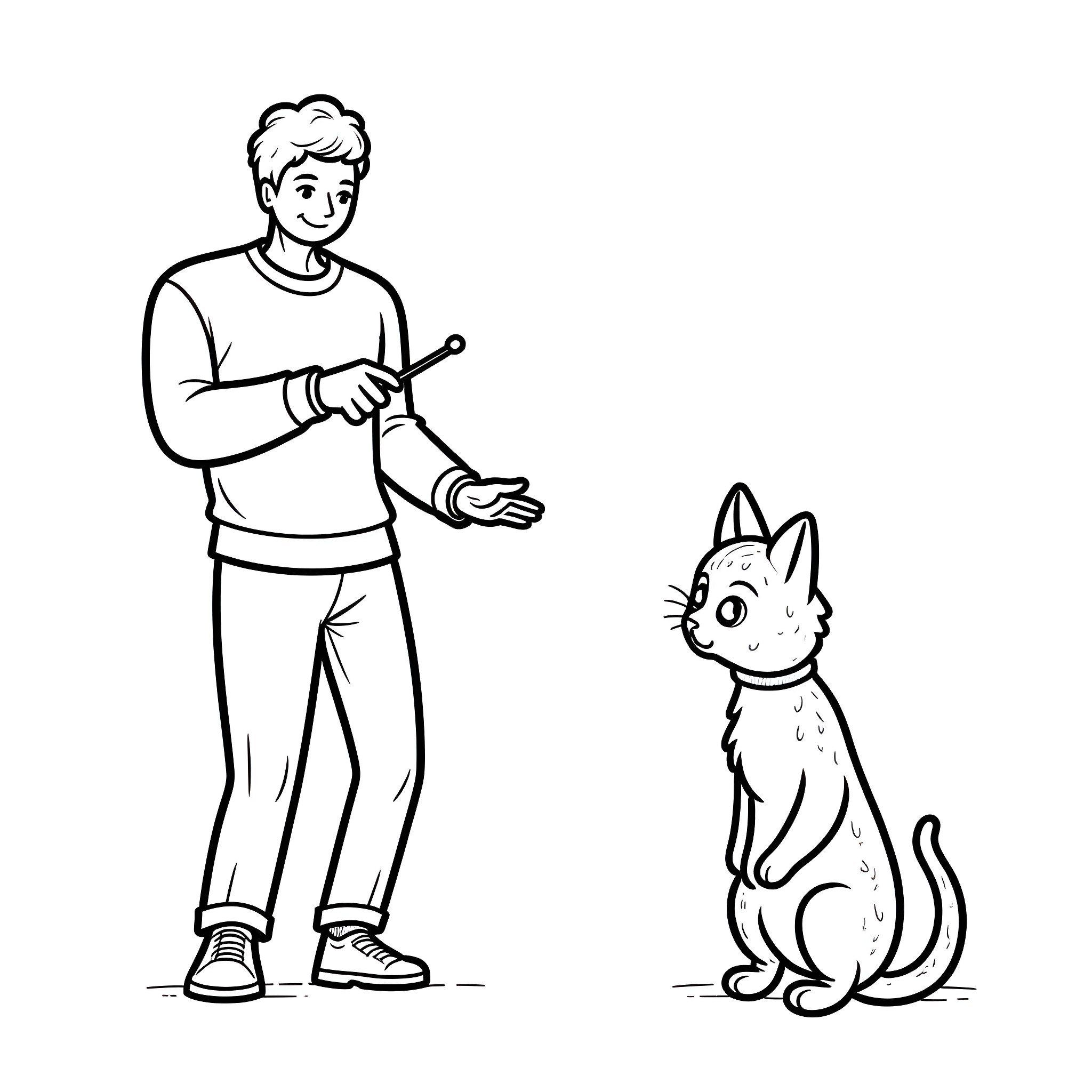 Guy playing with his cat at home Coloring Page (free black-and-white line drawing printable PDF for all, from beginners to advanced learners, including children, teens, adults, and seniors)