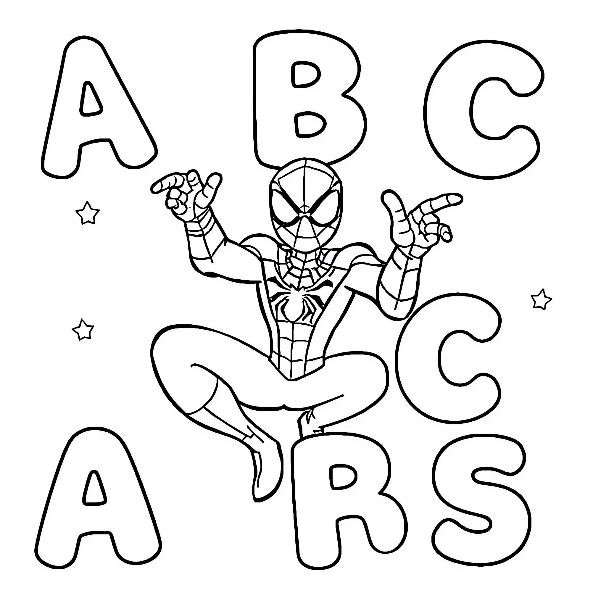 Spider-Man teaching letters and stars Coloring Page (free black-and-white line drawing printable PDF for all, from beginners to advanced learners, including children, teens, adults, and seniors)