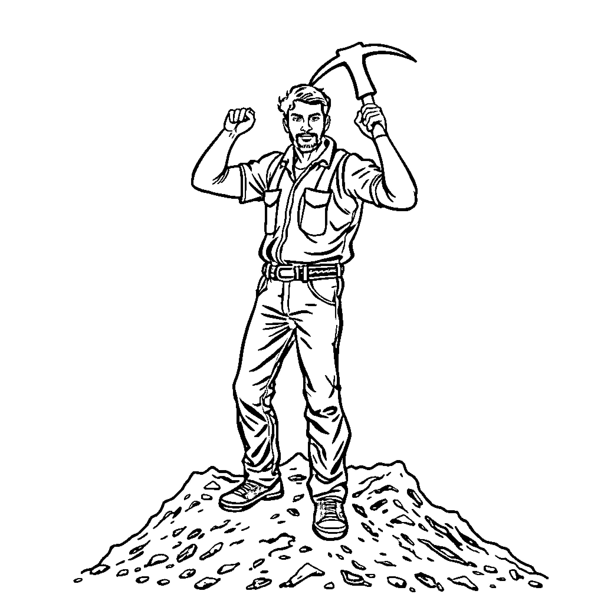 Man wielding mining tool on rocky terrain Coloring Page (free black-and-white line drawing printable PDF for all, from beginners to advanced learners, including children, teens, adults, and seniors)