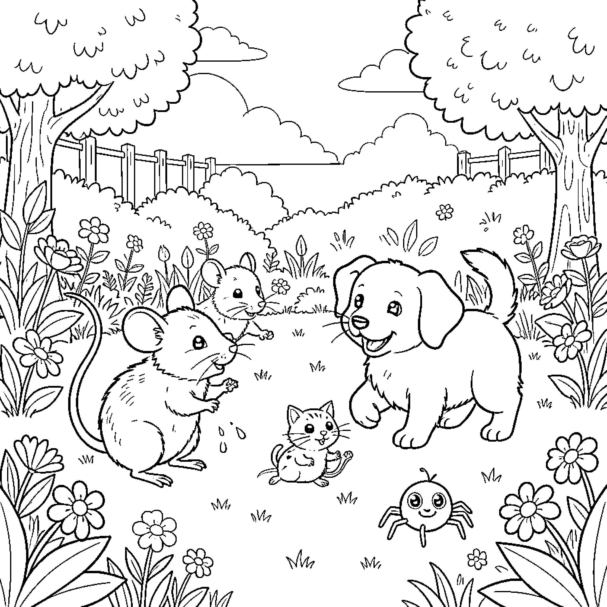 Mouse and friends playing joyfully in a garden Coloring Page (free black-and-white line drawing printable PDF for all, from beginners to advanced learners, including children, teens, adults, and seniors)