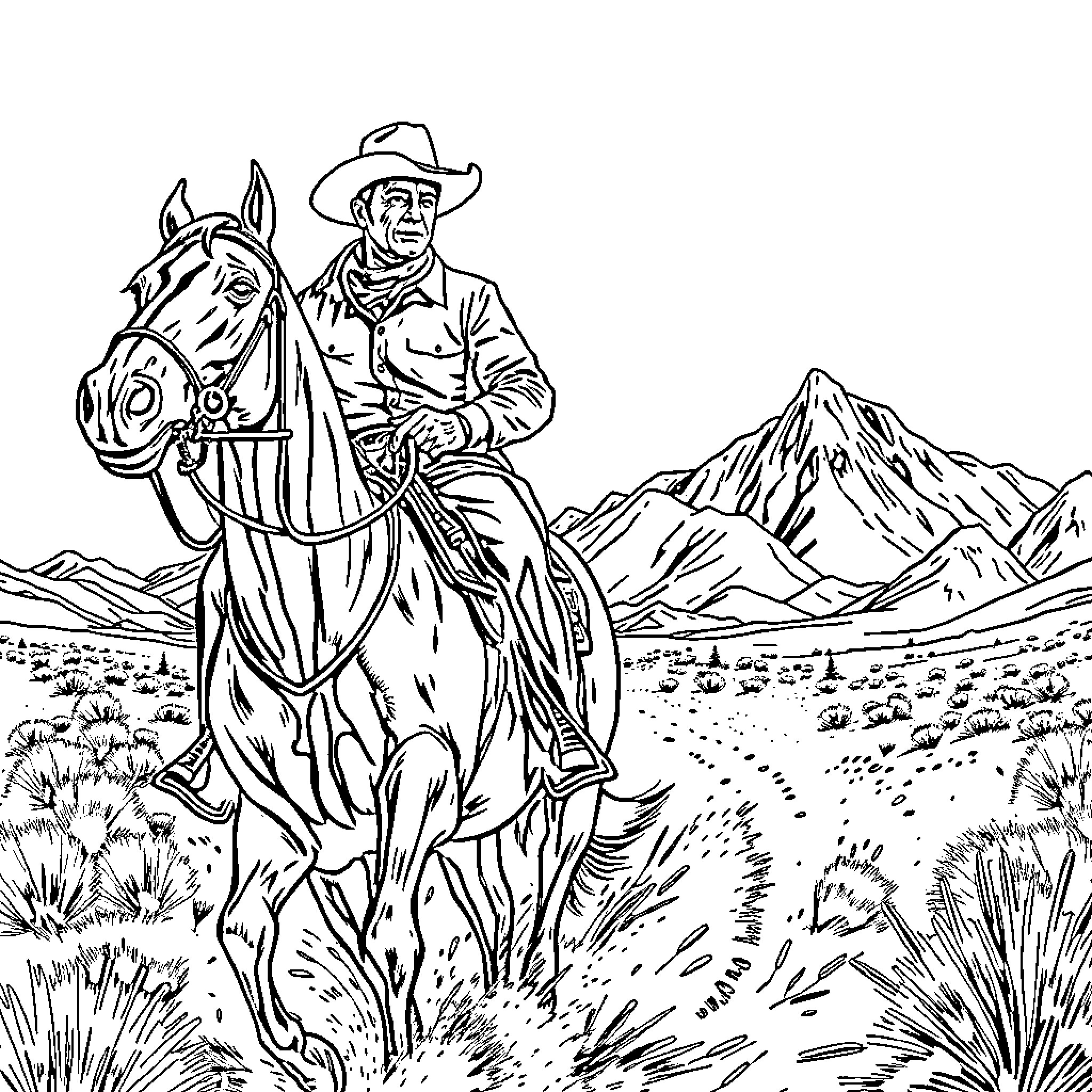 John Wayne riding horse through rugged mountain landscape Coloring Page (free black-and-white line drawing printable PDF for all, from beginners to advanced learners, including children, teens, adults, and seniors)