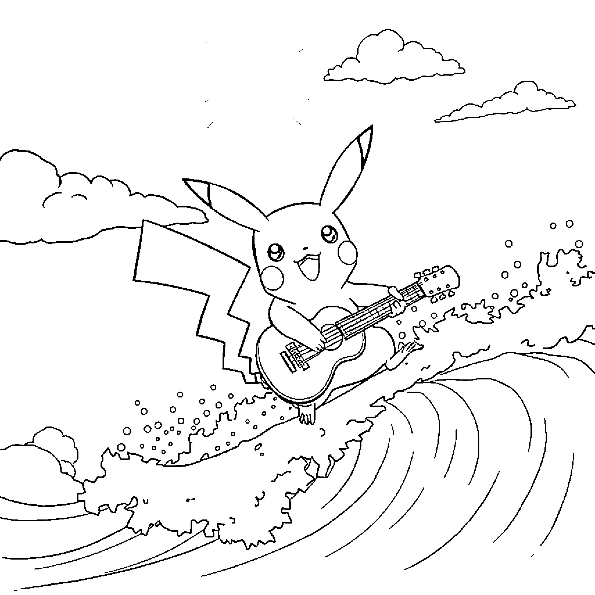 Pikachu playing guitar and surfing the waves Coloring Page (free black-and-white line drawing printable PDF for all, from beginners to advanced learners, including children, teens, adults, and seniors)