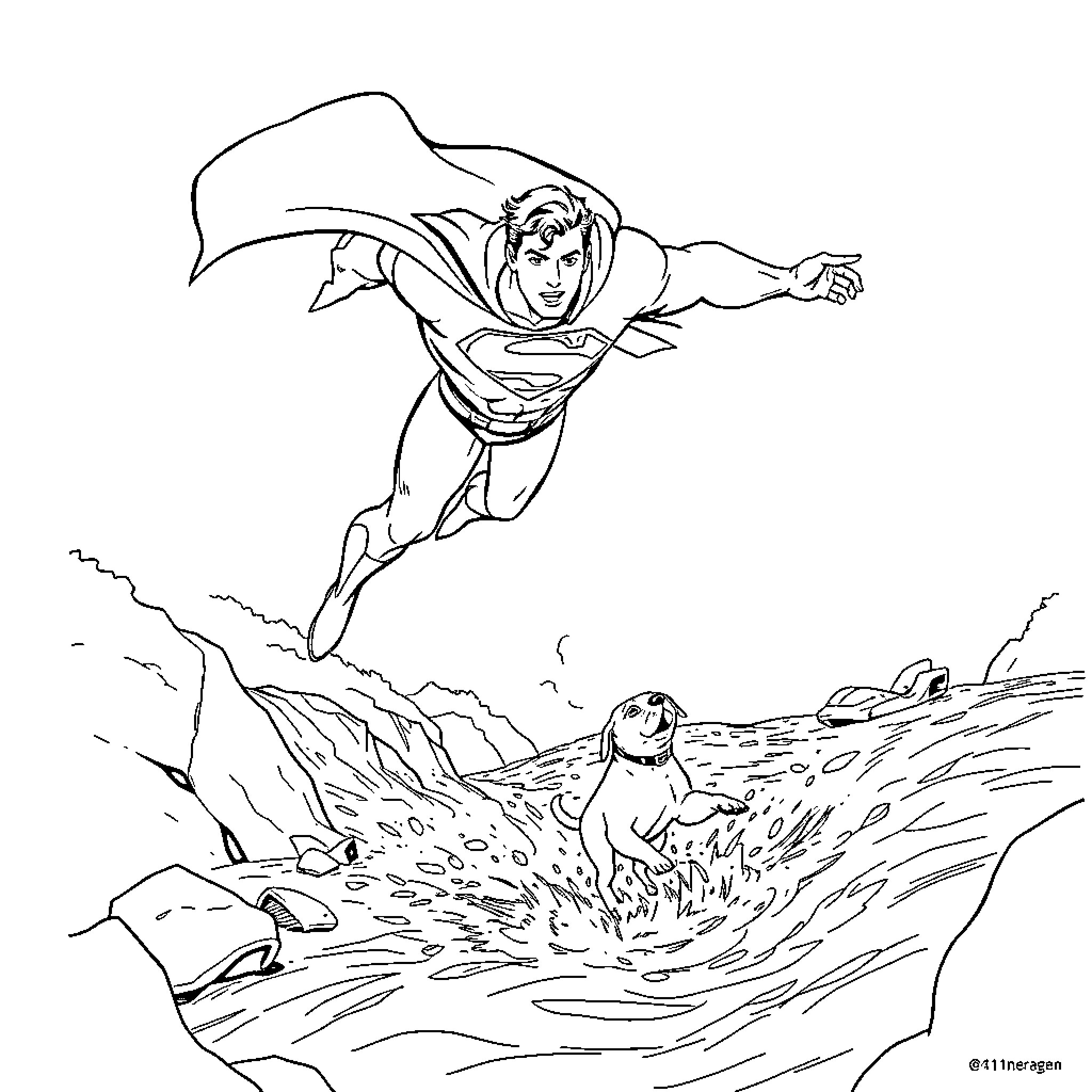 Superman soaring through the skies over rugged terrain Coloring Page (free black-and-white line drawing printable PDF for all, from beginners to advanced learners, including children, teens, adults, and seniors)