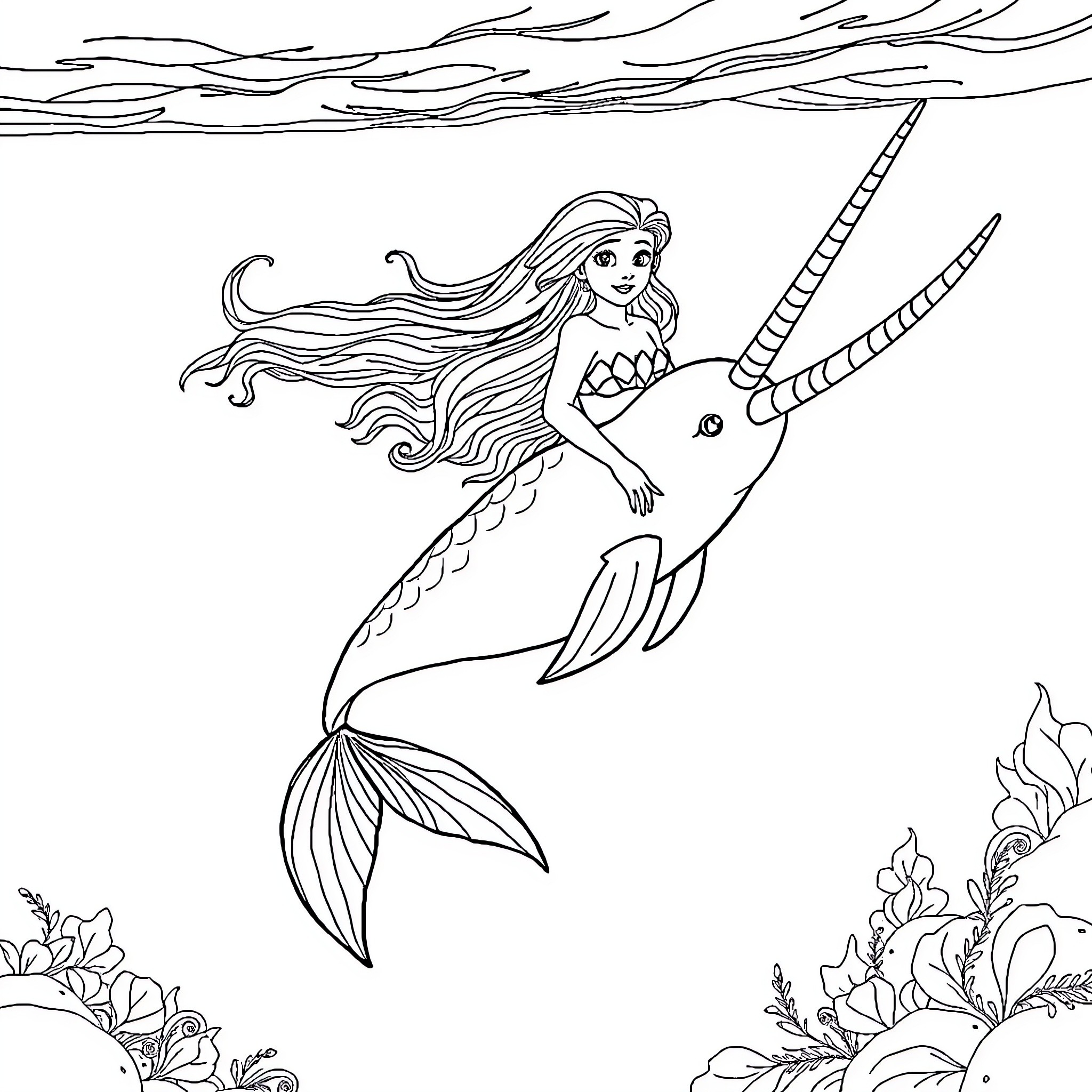 Mermaid swimming with a unicorn sea creature Coloring Page (free black-and-white line drawing printable PDF for all, from beginners to advanced learners, including children, teens, adults, and seniors)