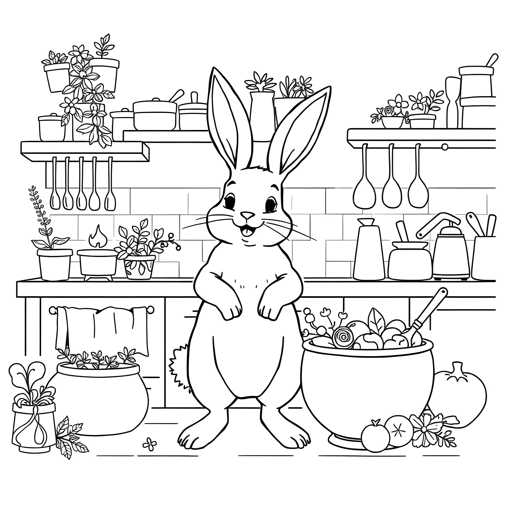 Bunny exploring a cozy kitchen Coloring Page (free black-and-white line drawing printable PDF for all, from beginners to advanced learners, including children, teens, adults, and seniors)
