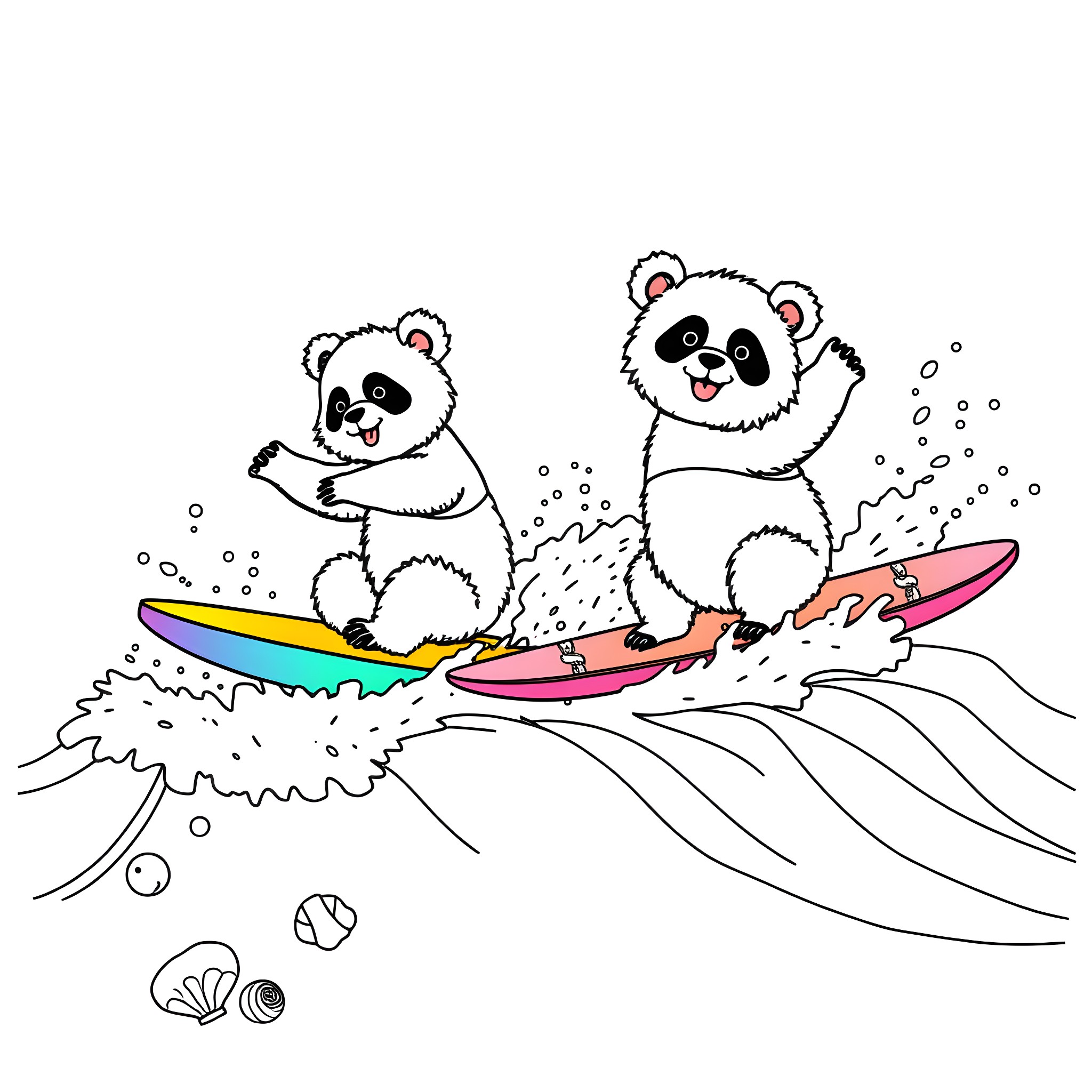 Panda surfers riding the waves Coloring Page (free black-and-white line drawing printable PDF for all, from beginners to advanced learners, including children, teens, adults, and seniors)