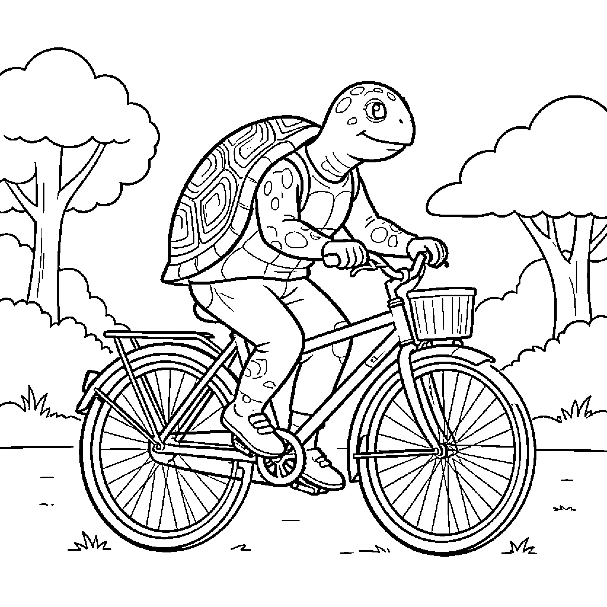 Turtle riding a bicycle in the park Coloring Page (free black-and-white line drawing printable PDF for all, from beginners to advanced learners, including children, teens, adults, and seniors)