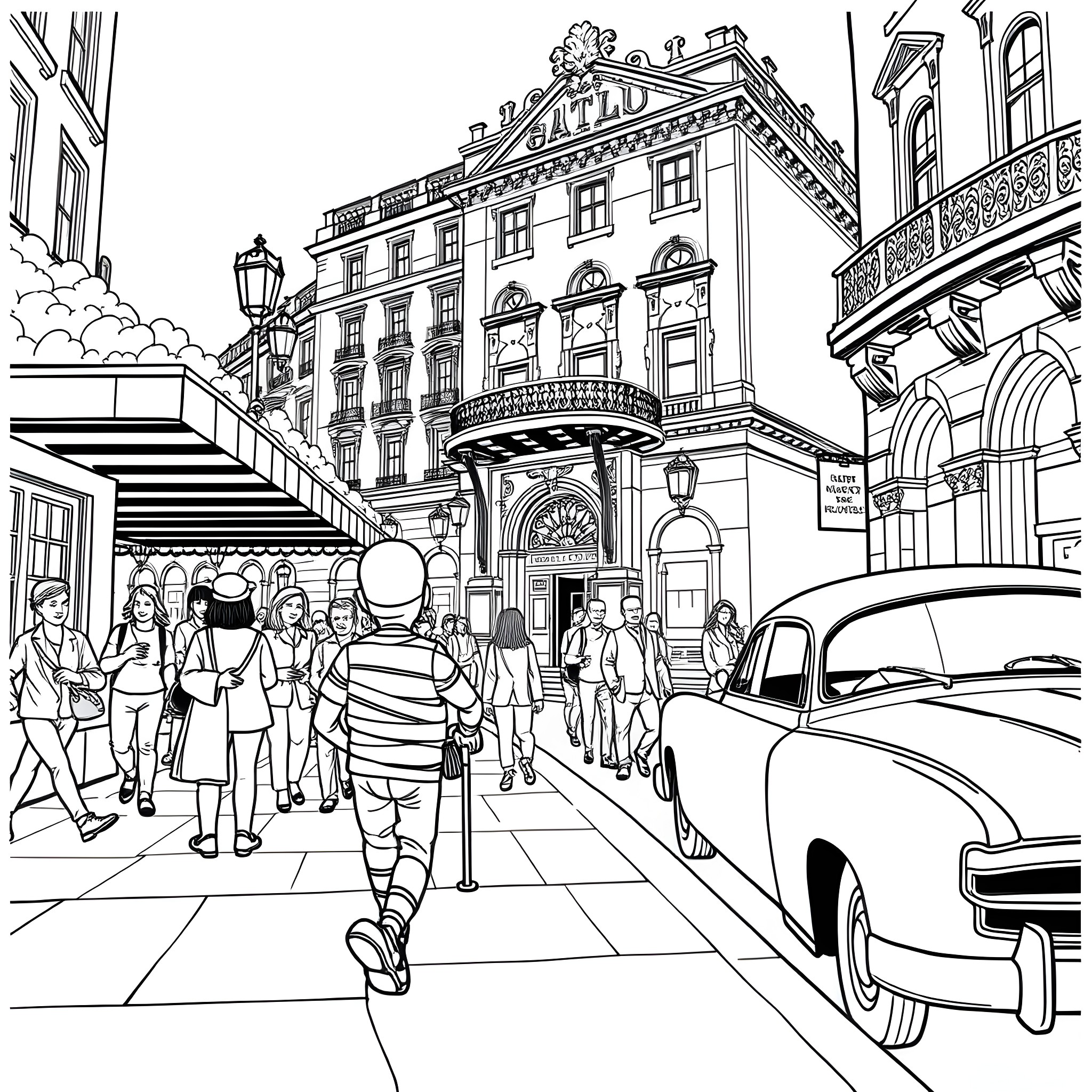Mr. Bump exploring a bustling city street Coloring Page (free black-and-white line drawing printable PDF for all, from beginners to advanced learners, including children, teens, adults, and seniors)