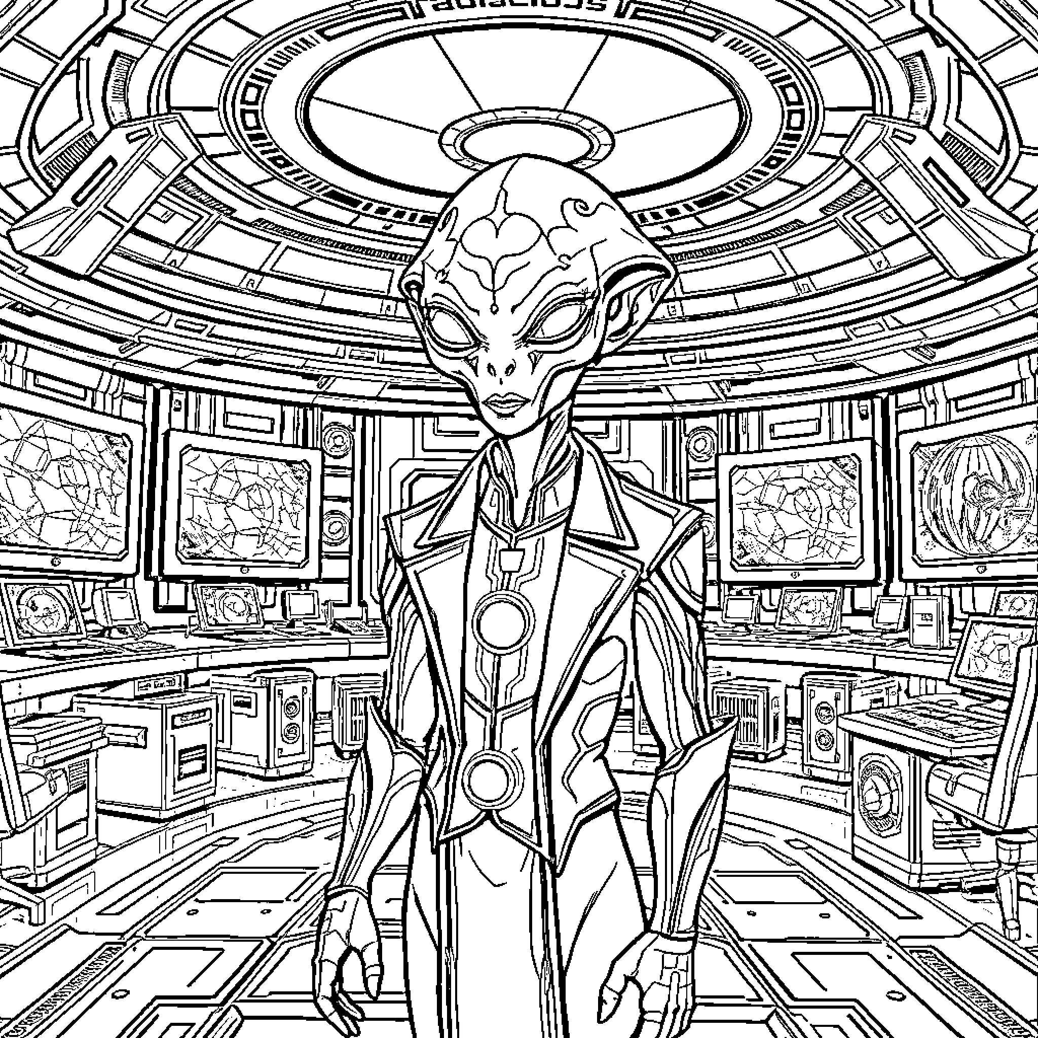 Alien figure in futuristic command center Coloring Page (free black-and-white line drawing printable PDF for all, from beginners to advanced learners, including children, teens, adults, and seniors)