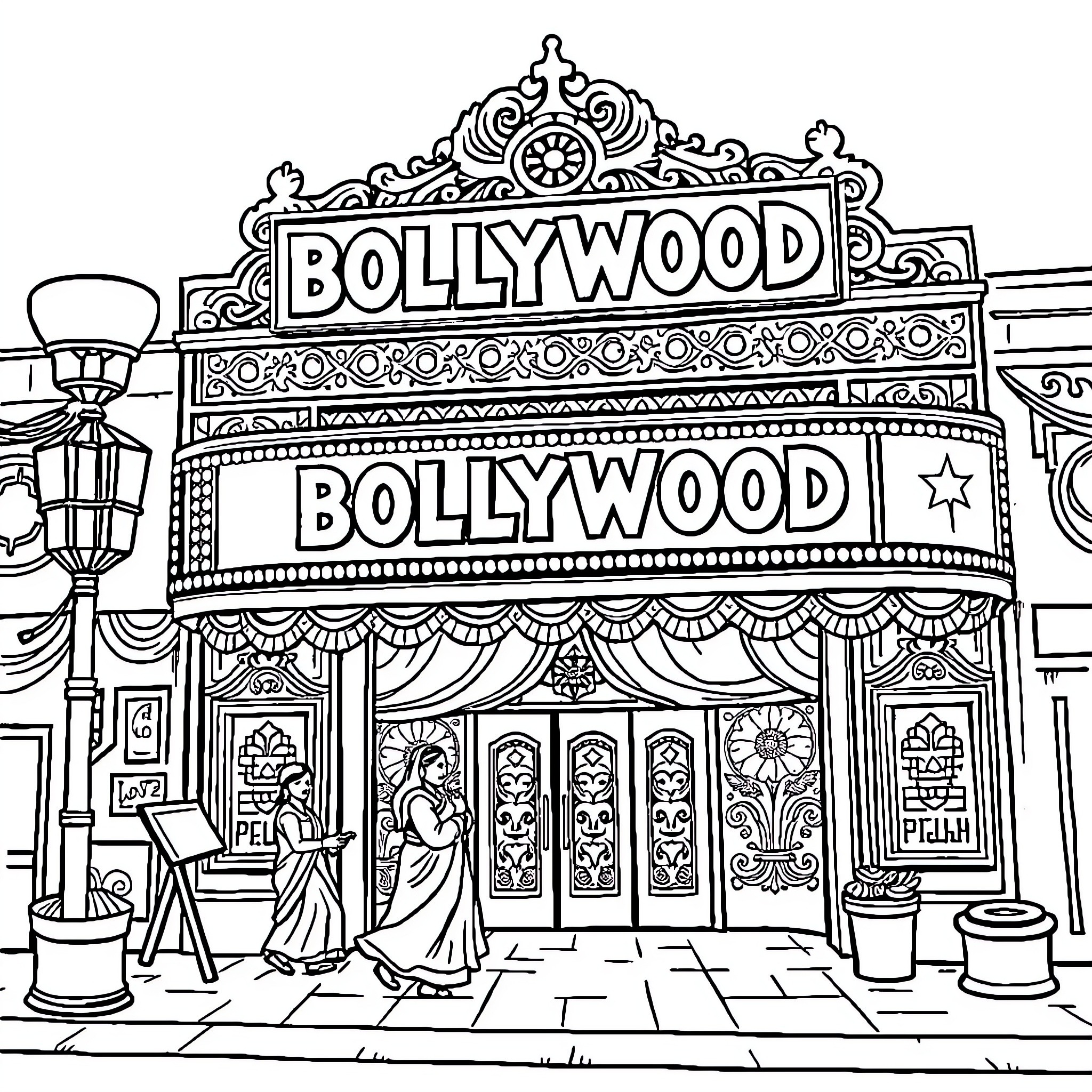 Theater of Bollywood Performers in Traditional Attire Coloring Page (free black-and-white line drawing printable PDF for all, from beginners to advanced learners, including children, teens, adults, and seniors)