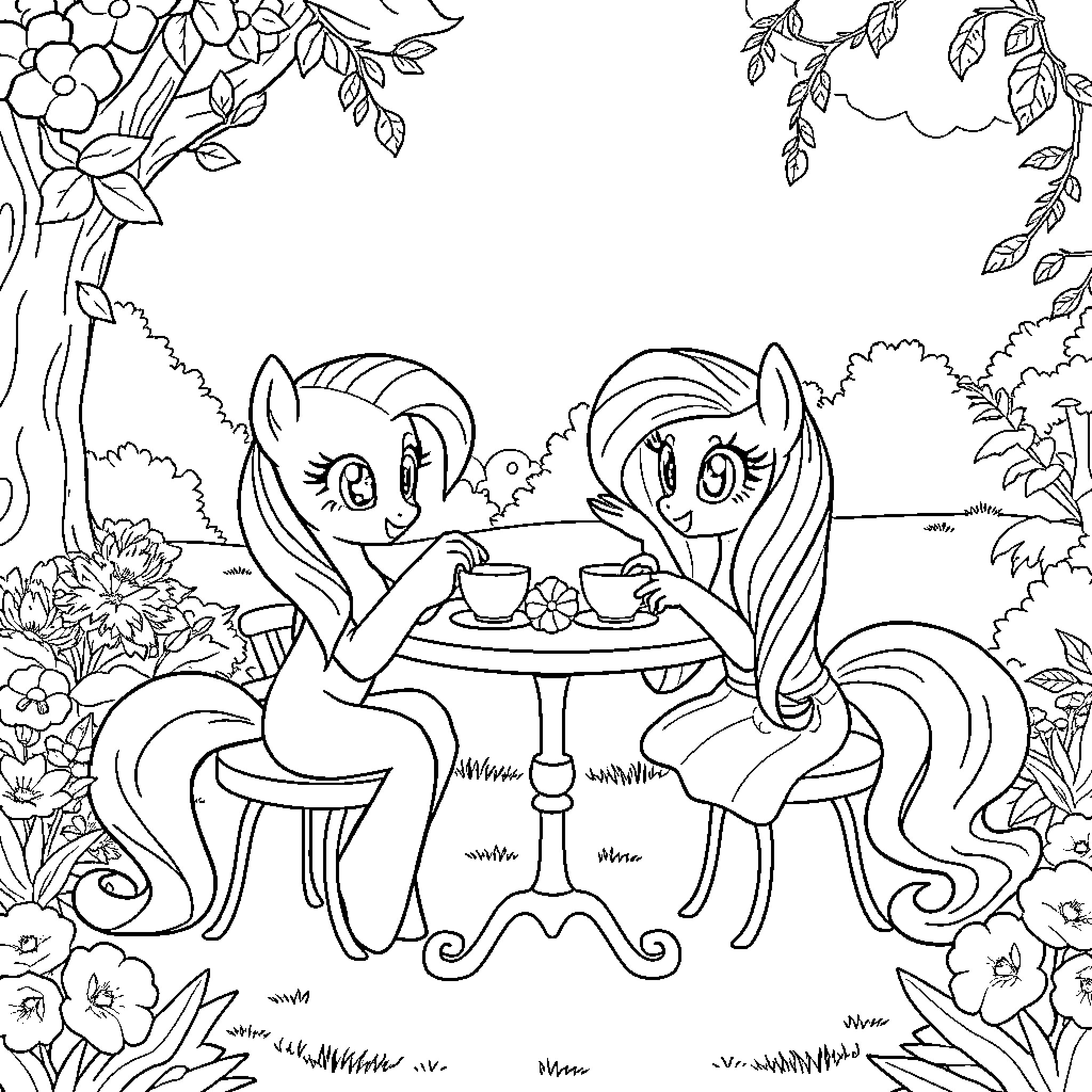 Fluttershy and friend enjoying tea in the garden Coloring Page (free black-and-white line drawing printable PDF for all, from beginners to advanced learners, including children, teens, adults, and seniors)