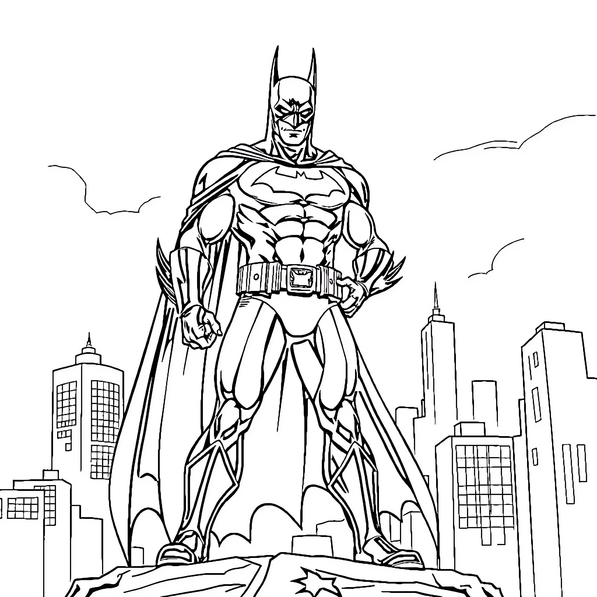 Batman in heroic pose overlooking city skyline Coloring Page (free black-and-white line drawing printable PDF for all, from beginners to advanced learners, including children, teens, adults, and seniors)