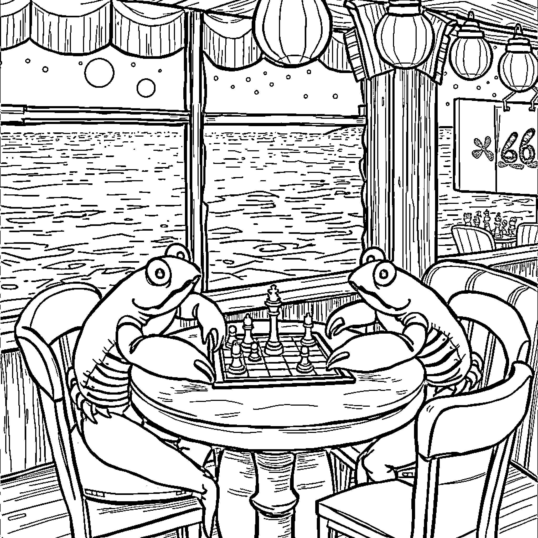 Crab friends playing chess at the beach cafe Coloring Page (free black-and-white line drawing printable PDF for all, from beginners to advanced learners, including children, teens, adults, and seniors)