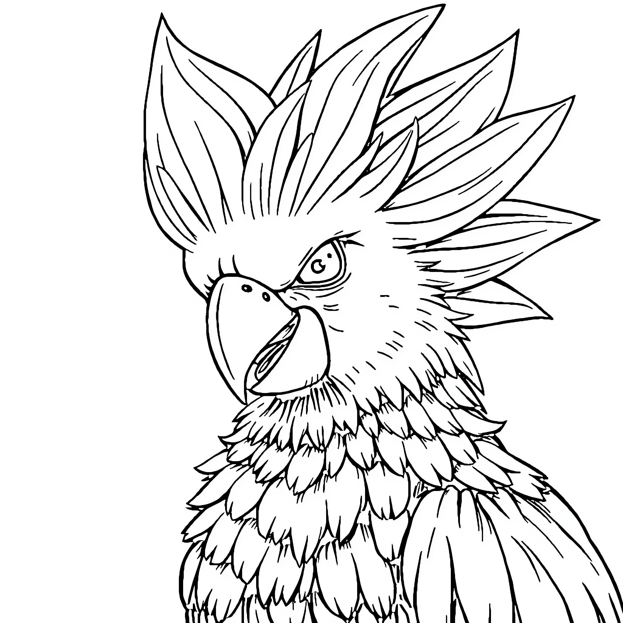 Cockatoo with striking feathers Coloring Page (free black-and-white line drawing printable PDF for all, from beginners to advanced learners, including children, teens, adults, and seniors)