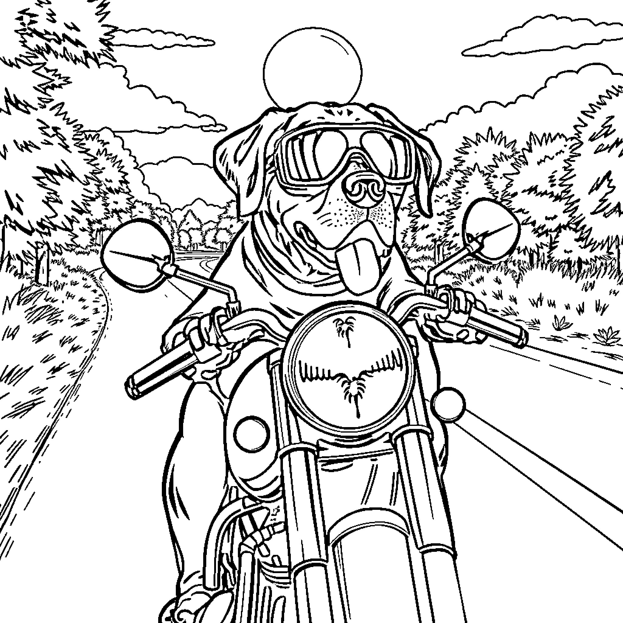Labrador riding a motorcycle through nature Coloring Page (free black-and-white line drawing printable PDF for all, from beginners to advanced learners, including children, teens, adults, and seniors)