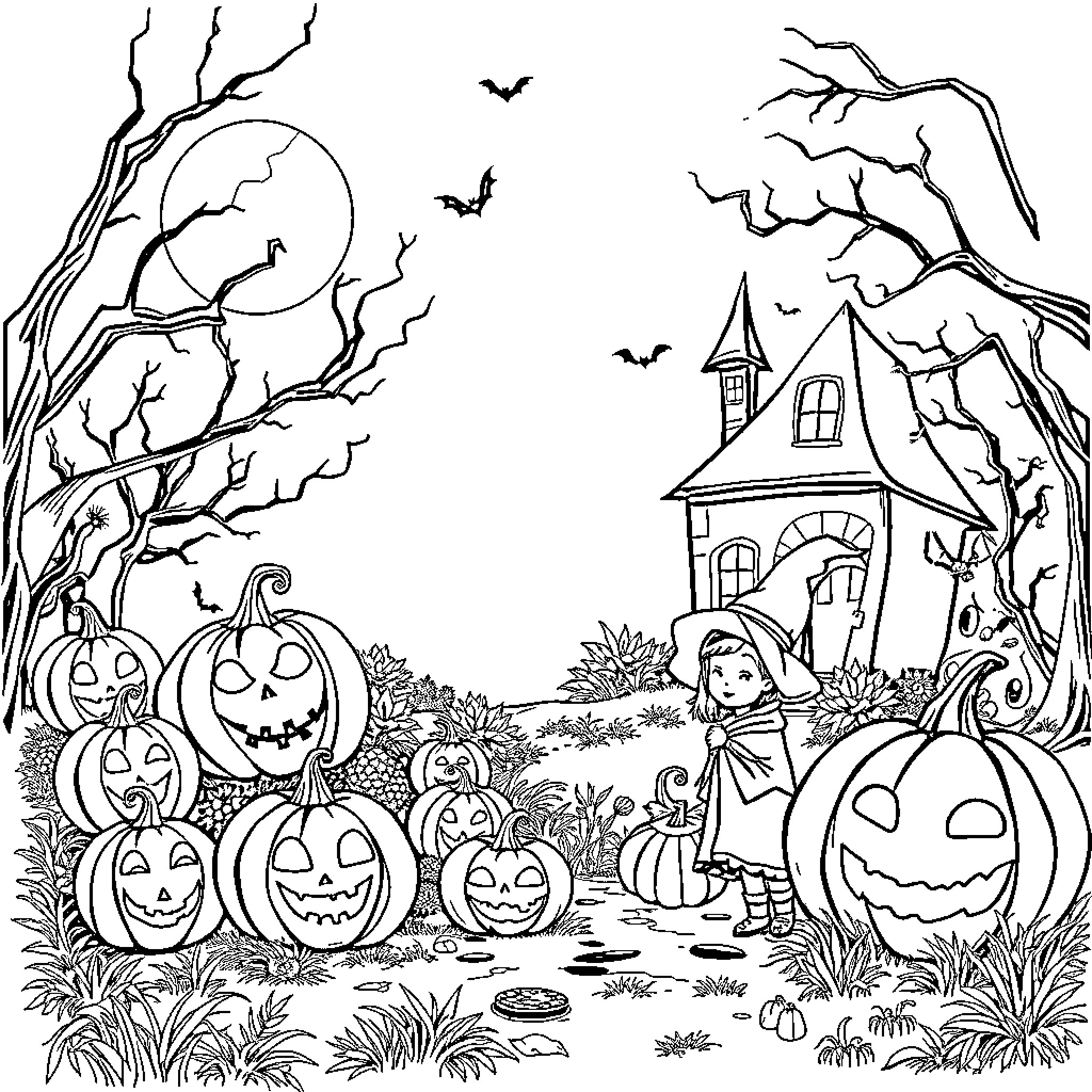 Halloween scene with haunted house and pumpkins Coloring Page (free black-and-white line drawing printable PDF for all, from beginners to advanced learners, including children, teens, adults, and seniors)