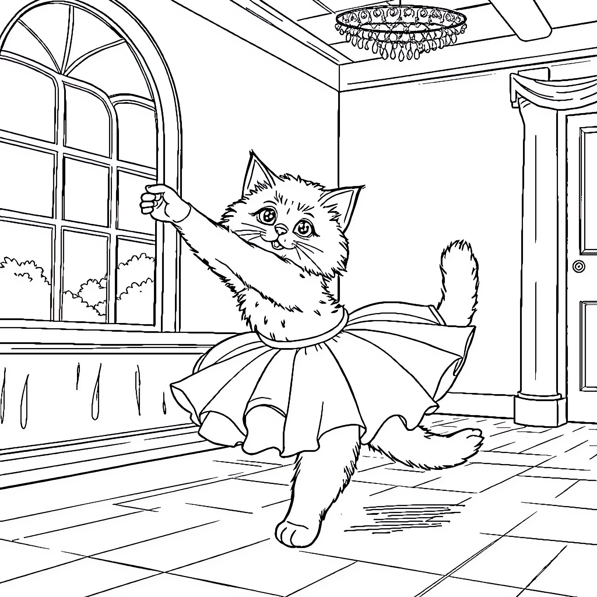 Cat dressed in a ballet outfit dancing in a fancy room Coloring Page (free black-and-white line drawing printable PDF for all, from beginners to advanced learners, including children, teens, adults, and seniors)