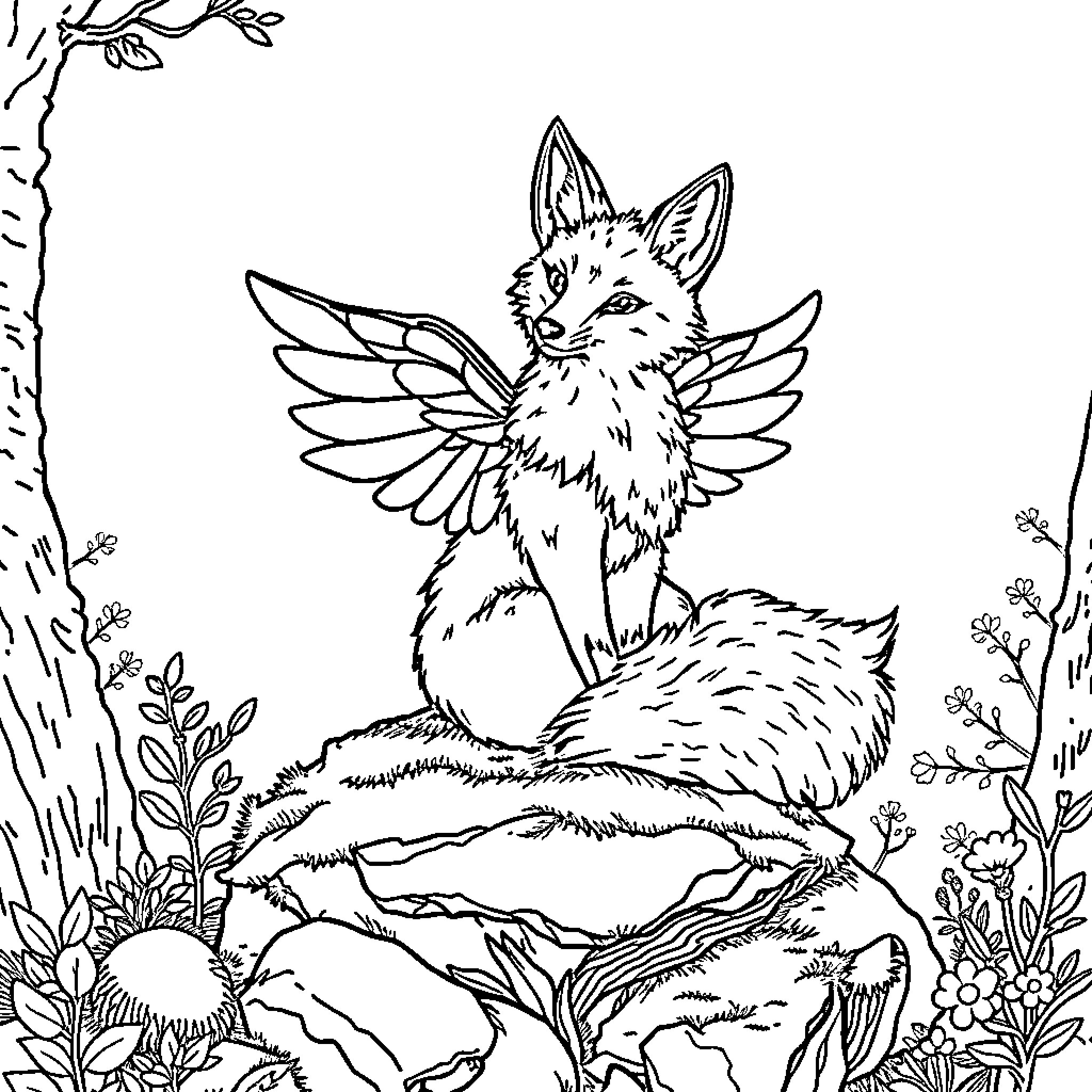 Fox with wings perched on a rock in nature Coloring Page (free black-and-white line drawing printable PDF for all, from beginners to advanced learners, including children, teens, adults, and seniors)