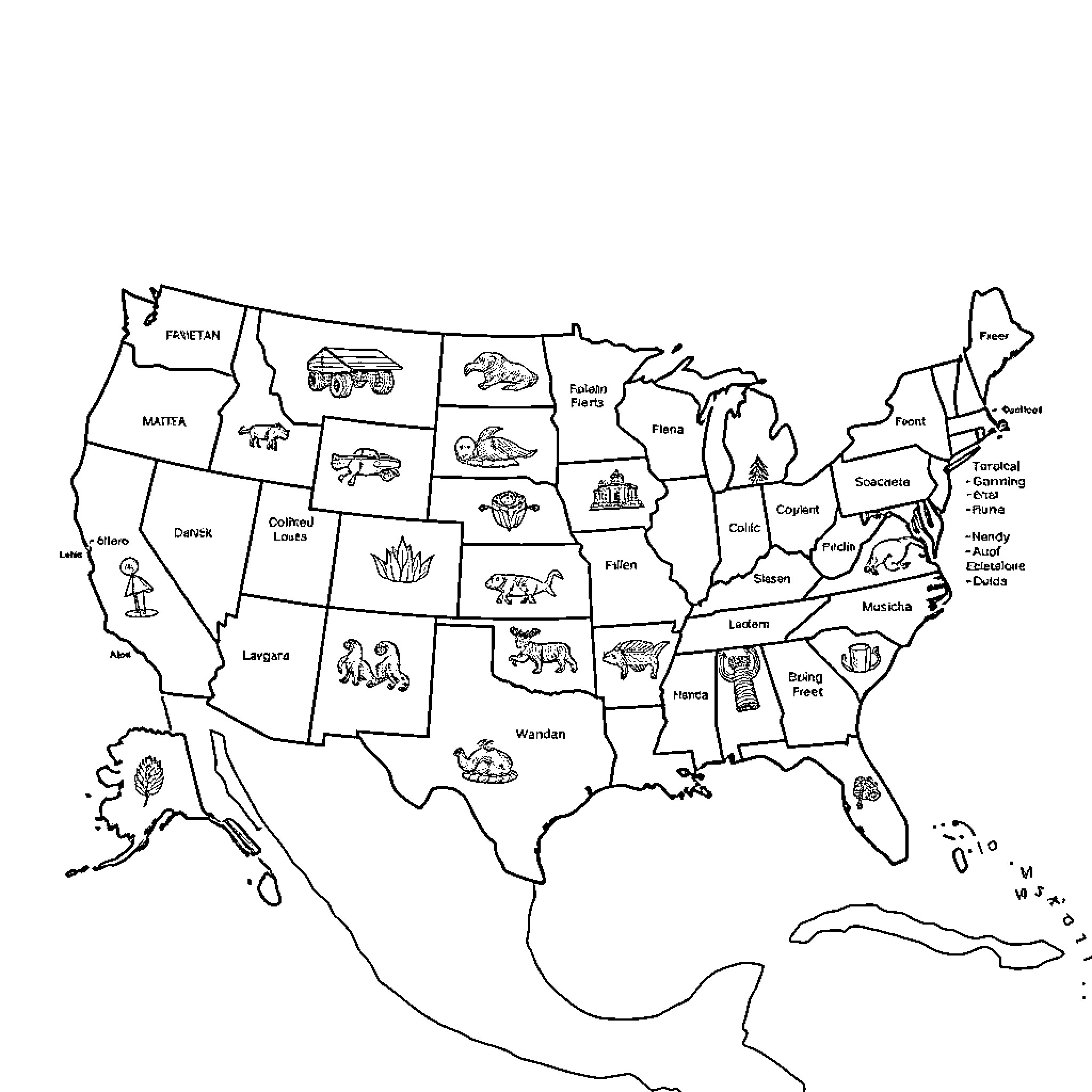 Map of Iconic Symbols Across United States Coloring Page (free black-and-white line drawing printable PDF for all, from beginners to advanced learners, including children, teens, adults, and seniors)