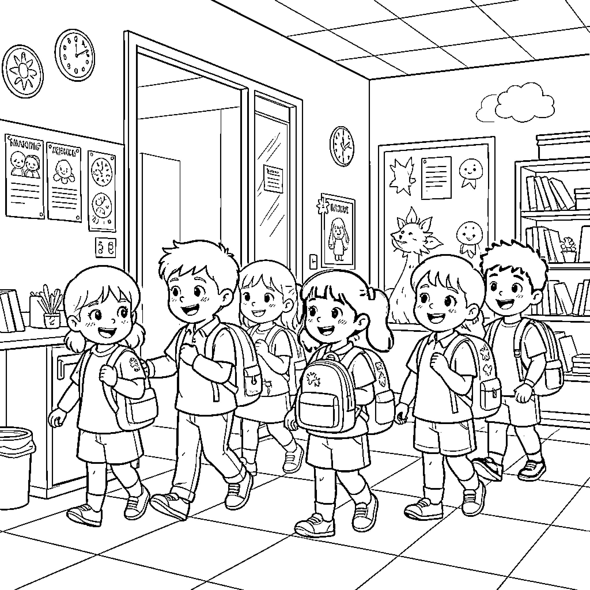 Niños listos para la escuela Coloring Page (free black-and-white line drawing printable PDF for all, from beginners to advanced learners, including children, teens, adults, and seniors)