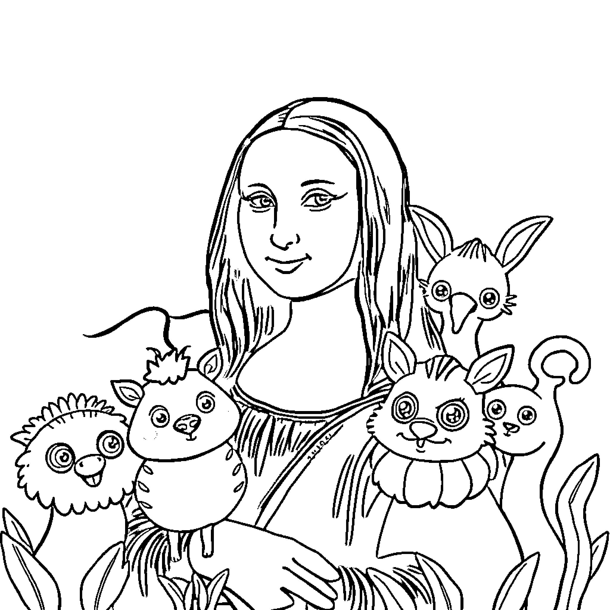 Mona Lisa surrounded by whimsical animal companions Coloring Page (free black-and-white line drawing printable PDF for all, from beginners to advanced learners, including children, teens, adults, and seniors)