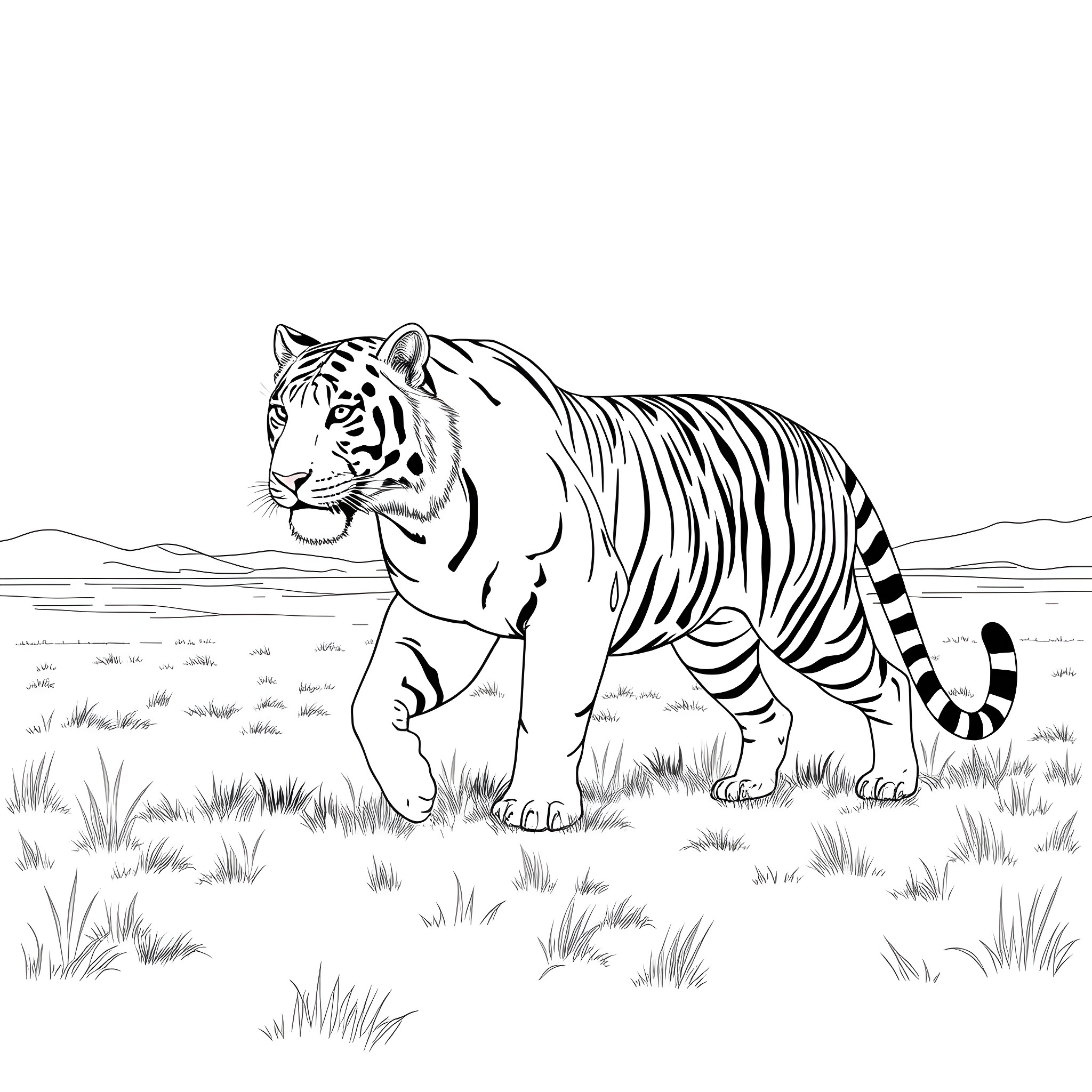 Tiger roaming in the wild landscape Coloring Page (free black-and-white line drawing printable PDF for all, from beginners to advanced learners, including children, teens, adults, and seniors)