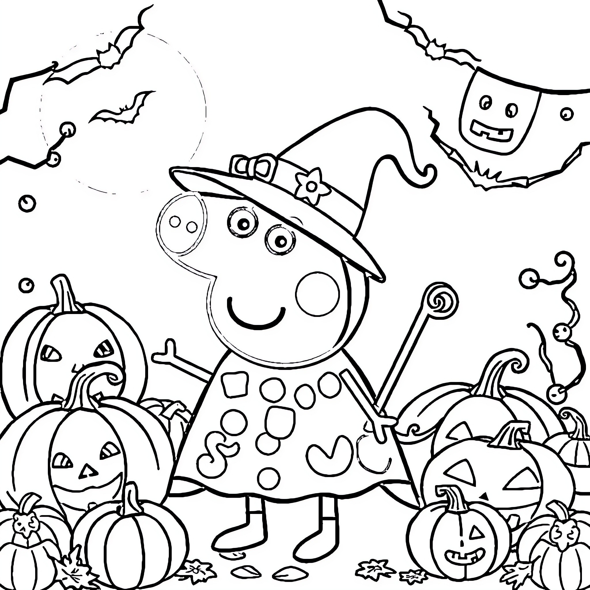 Peppa Pig's Halloween Adventure with Pumpkins and Spooky Creatures Coloring Page (free black-and-white line drawing printable PDF for all, from beginners to advanced learners, including children, teens, adults, and seniors)
