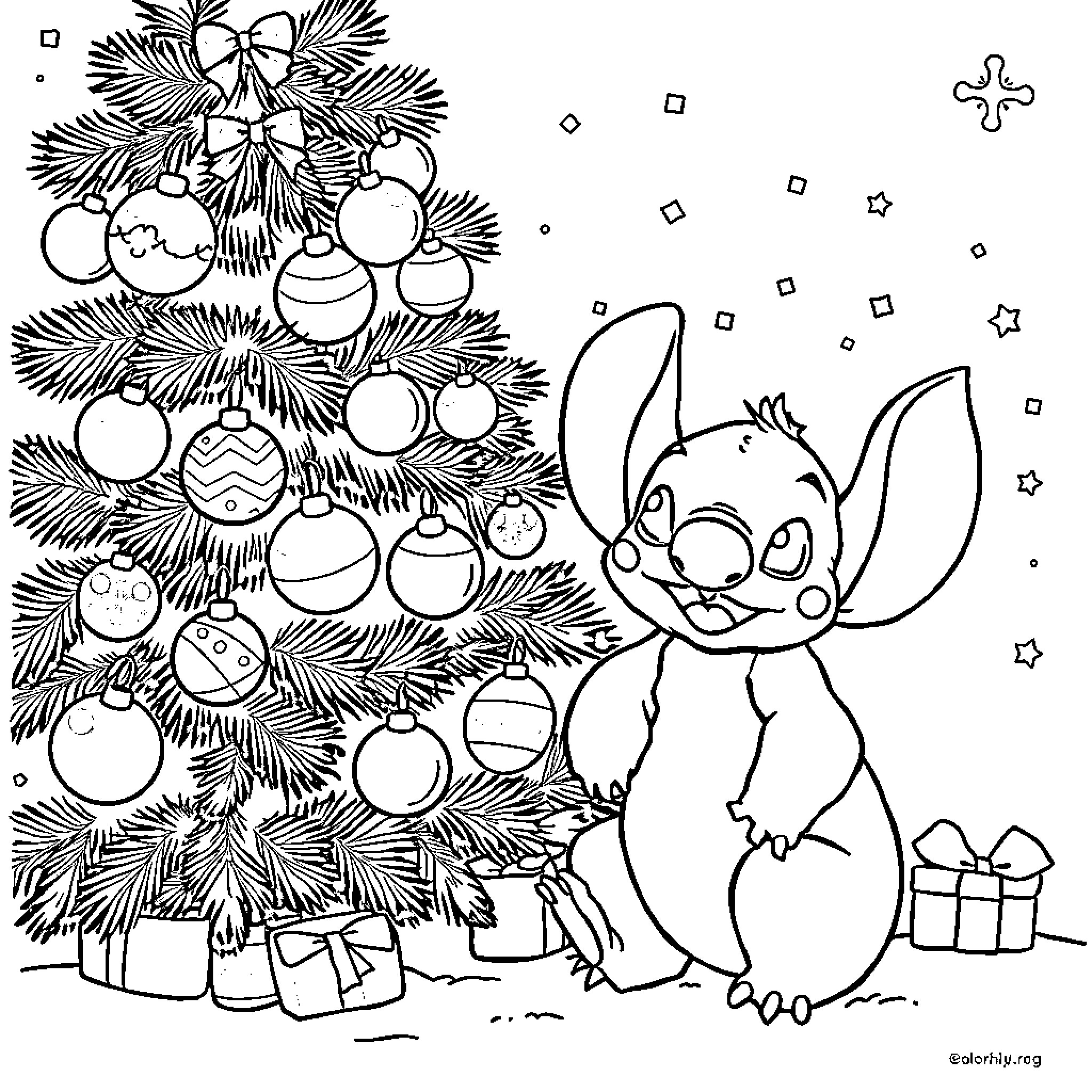 Stitch decorating the Christmas tree Coloring Page (free black-and-white line drawing printable PDF for all, from beginners to advanced learners, including children, teens, adults, and seniors)