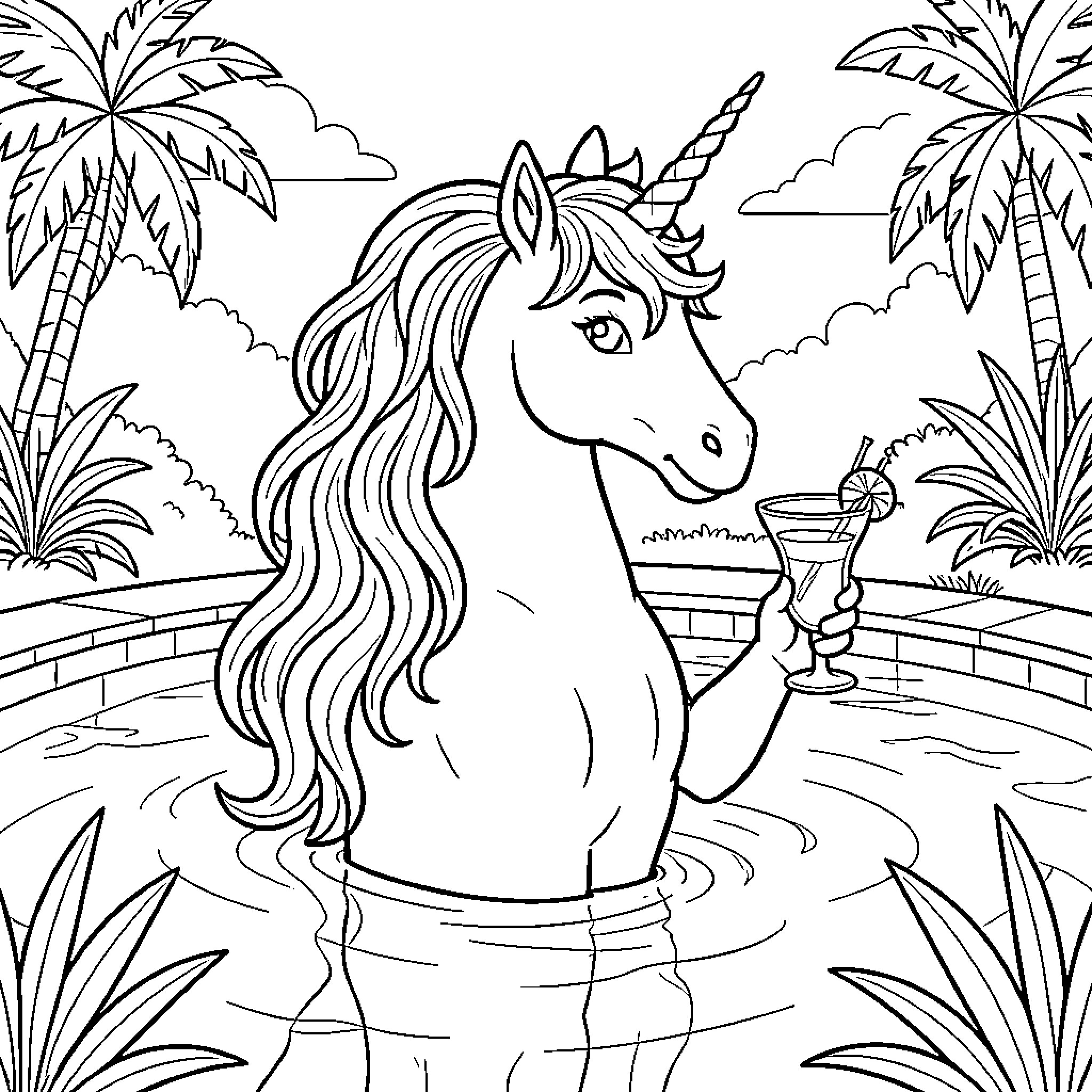 Unicorn relaxing in a pool with a tropical drink Coloring Page (free black-and-white line drawing printable PDF for all, from beginners to advanced learners, including children, teens, adults, and seniors)