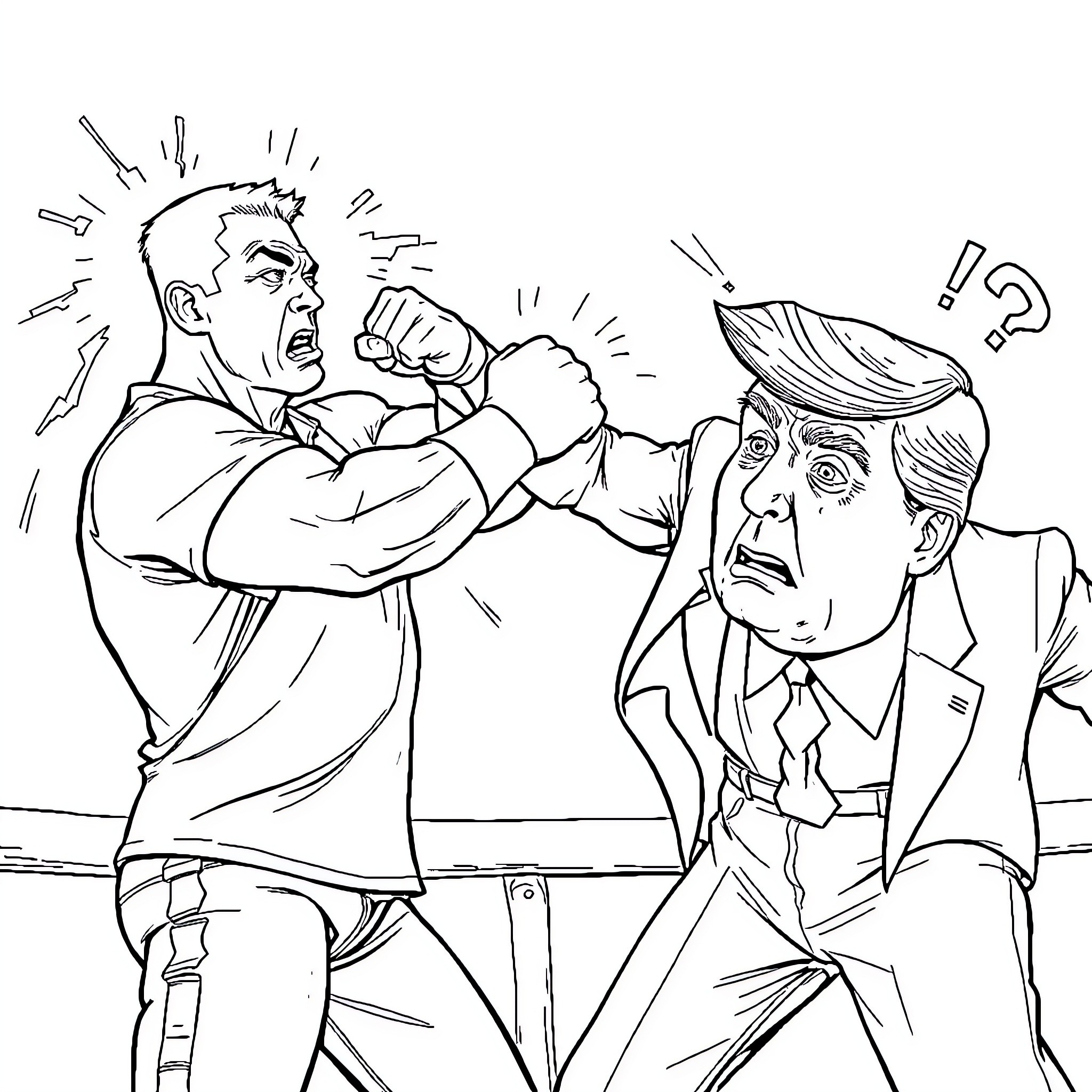 John Cena vs. Angry Business Rival in Heated Confrontation Coloring Page (free black-and-white line drawing printable PDF for all, from beginners to advanced learners, including children, teens, adults, and seniors)