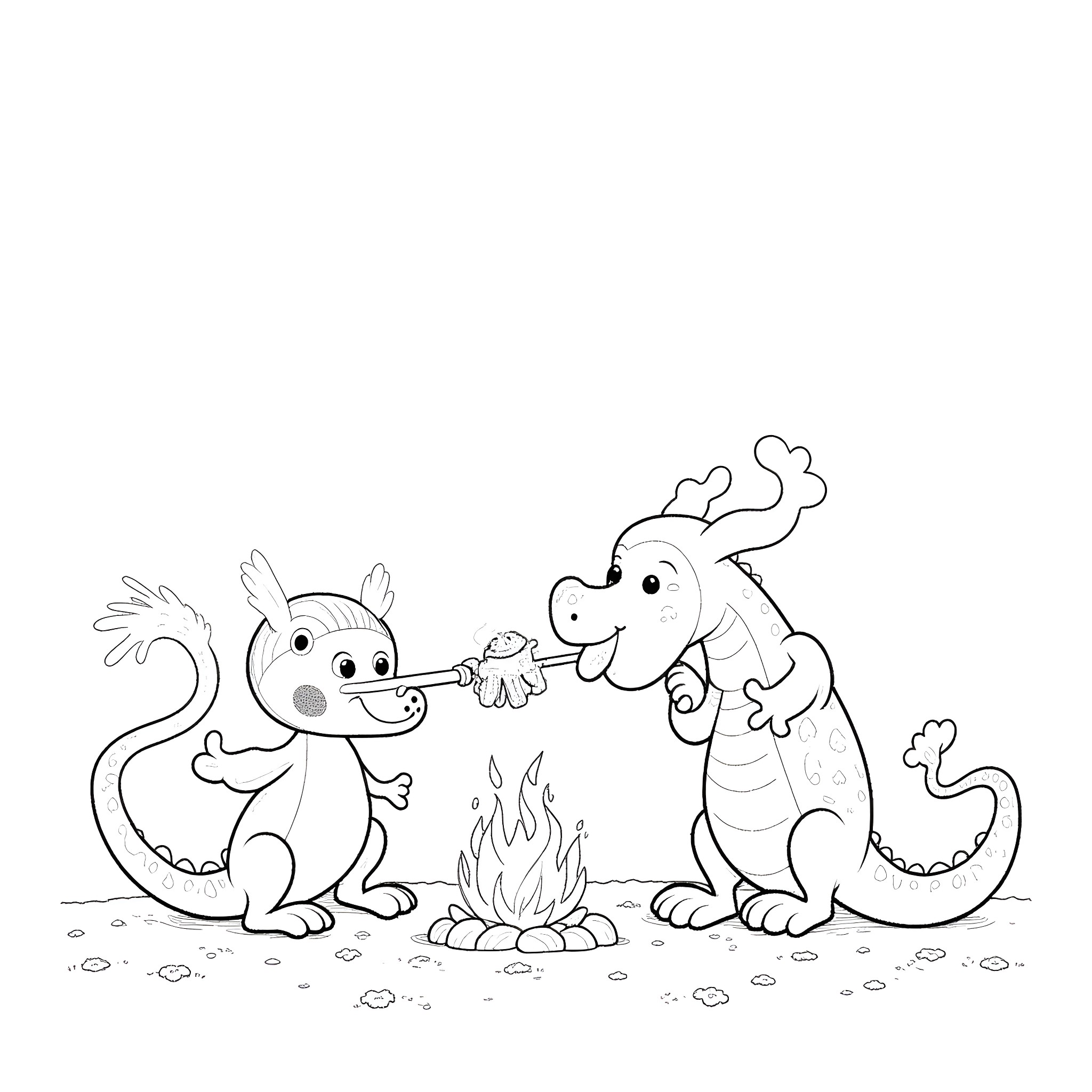 Dragon friends warming themselves by the campfire Coloring Page (free black-and-white line drawing printable PDF for all, from beginners to advanced learners, including children, teens, adults, and seniors)