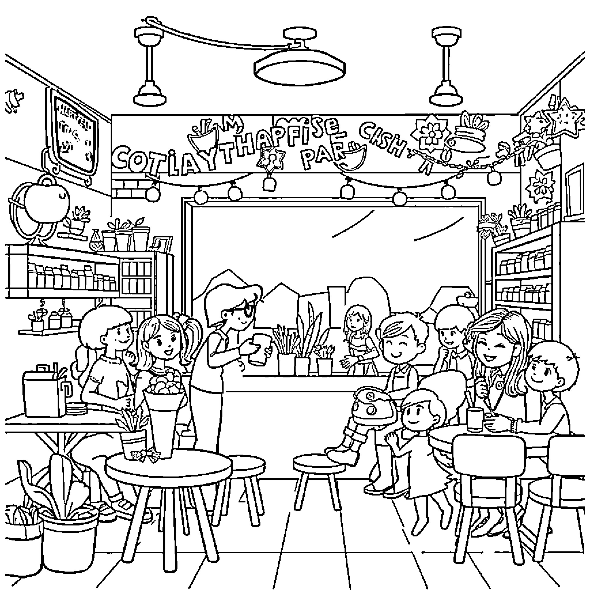 Coffee Shop with Cheerful Customers and Festive Decor Coloring Page (free black-and-white line drawing printable PDF for all, from beginners to advanced learners, including children, teens, adults, and seniors)