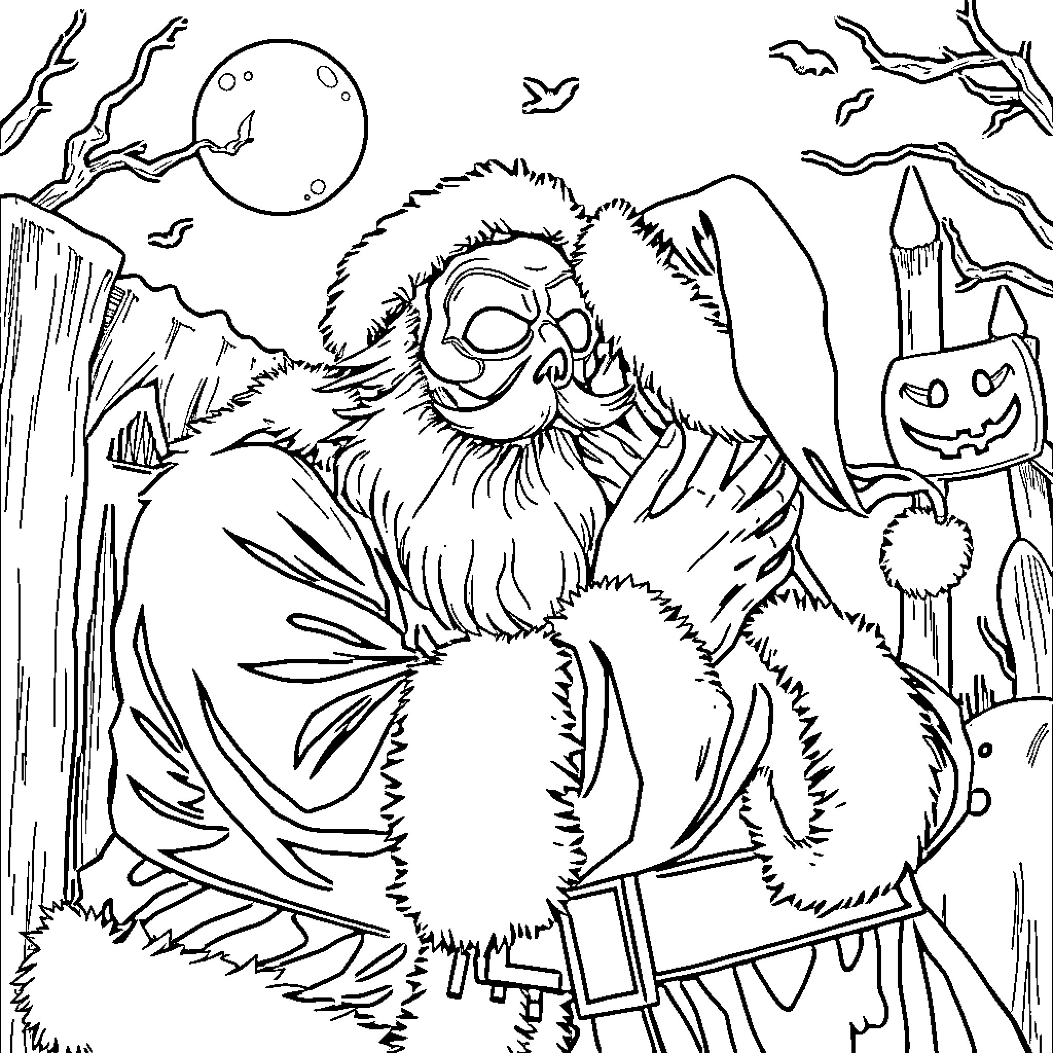 Mask-Wearing Spooky Creature in Haunted Halloween Scene Coloring Page (free black-and-white line drawing printable PDF for all, from beginners to advanced learners, including children, teens, adults, and seniors)